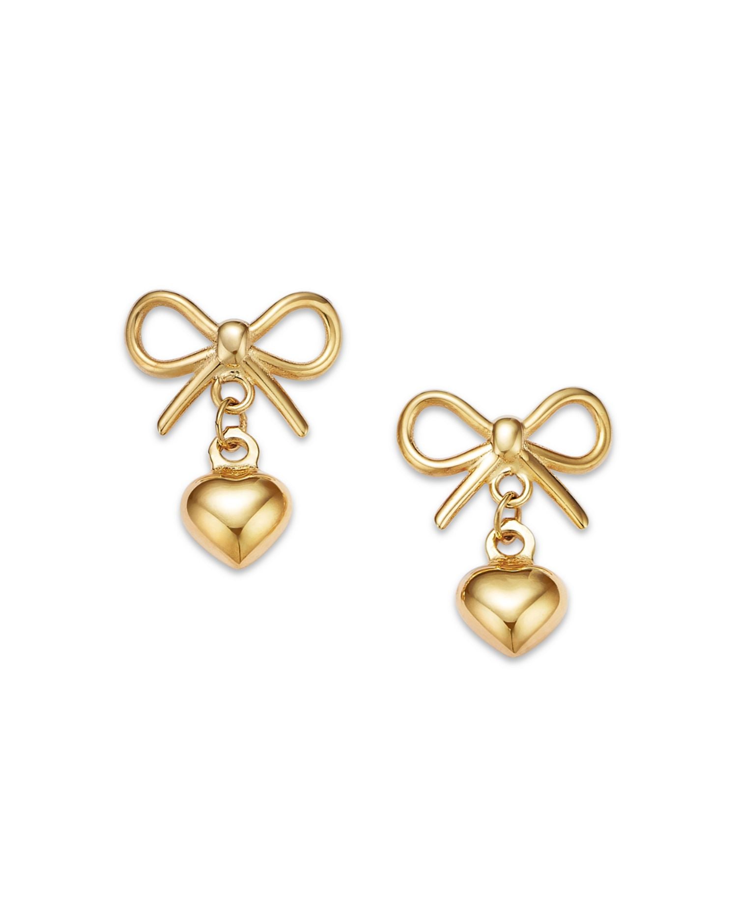 14K Yellow Gold Ribbon & Heart Drop Earrings