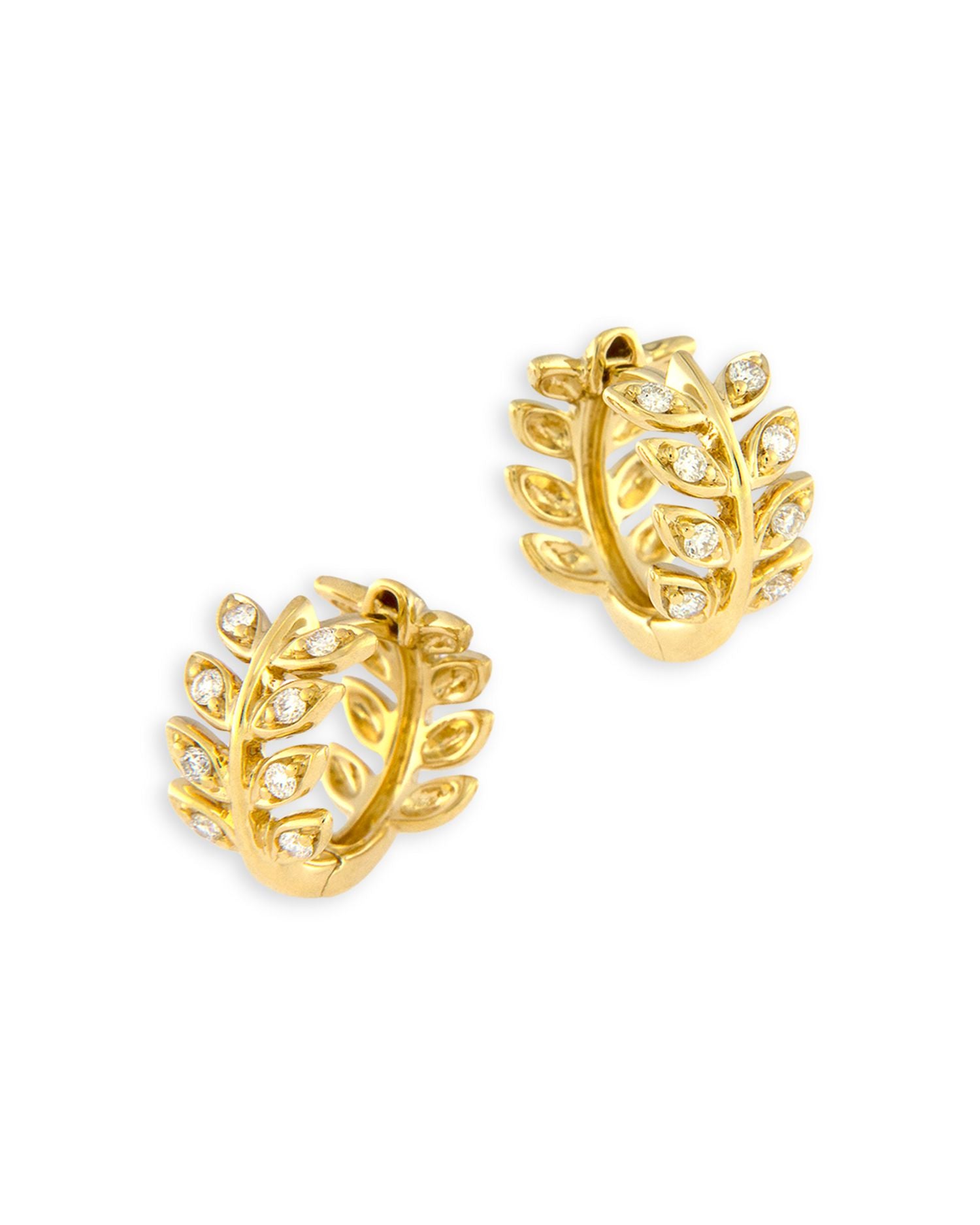 Diamond Leaf Huggie Hoop Earrings in 14K Yellow Gold, 0.13 ct. t.w.