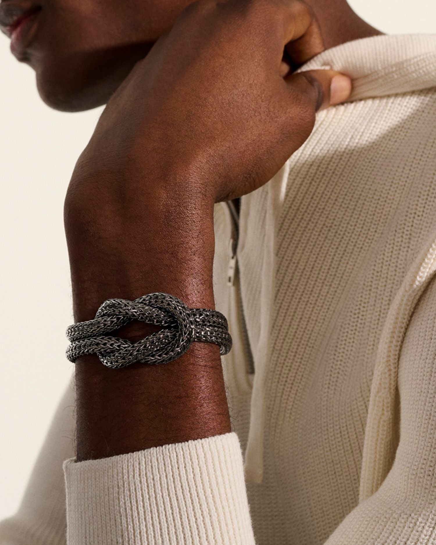 Black Rhodium Plated Sterling Silver Love Knot Woven Chain Statement Bracelet