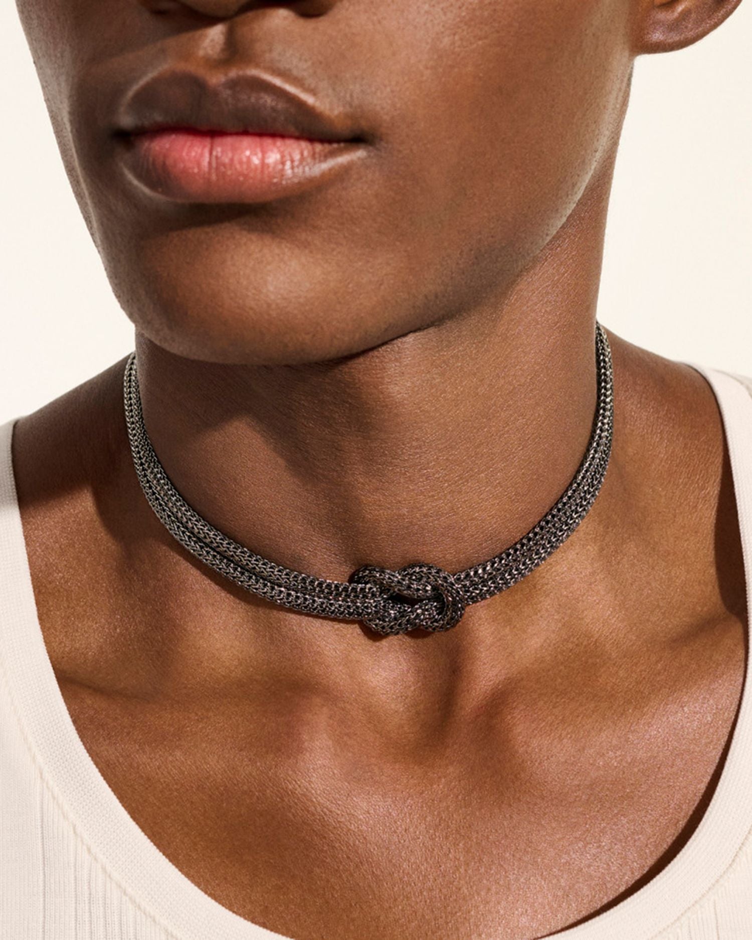 Black Rhodium-Plated Sterling Silver Love Knot Double Woven Chain Statement Necklace, 16'