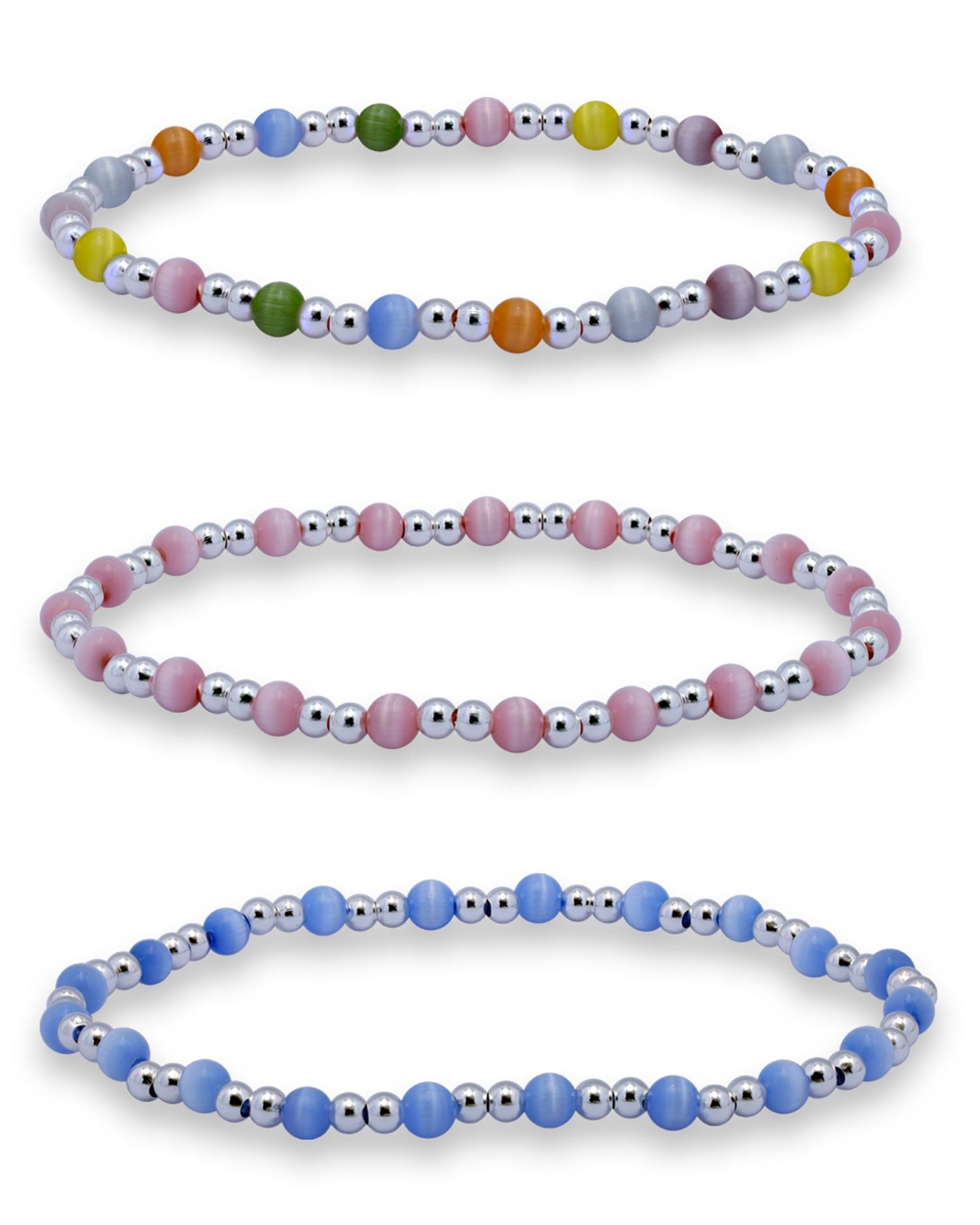 Cats Eye & Polished Bead Stretch Bracelet, Set of 3 - Exclusive