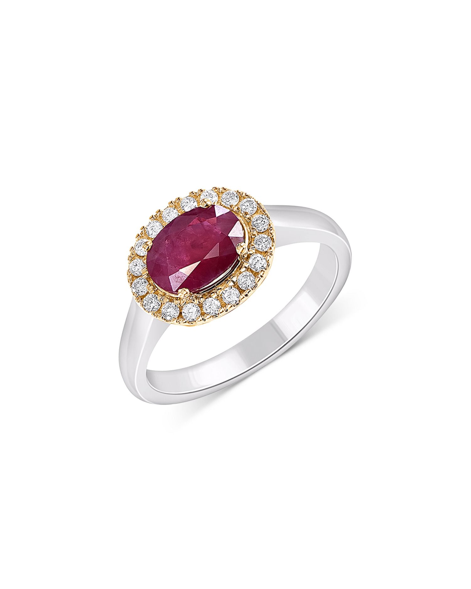 Ruby & Diamond Oval Halo Ring in 14K Yellow & White Gold