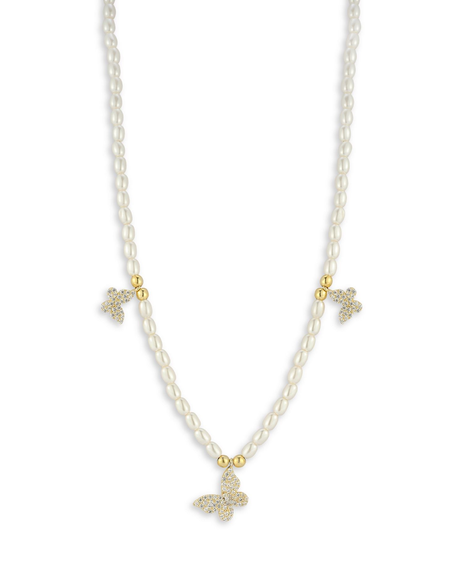 Cubic Zirconia & Cultured Freshwater Pearl Triple Butterfly Charm Necklace, 17.5-19.5"  - Exclusive