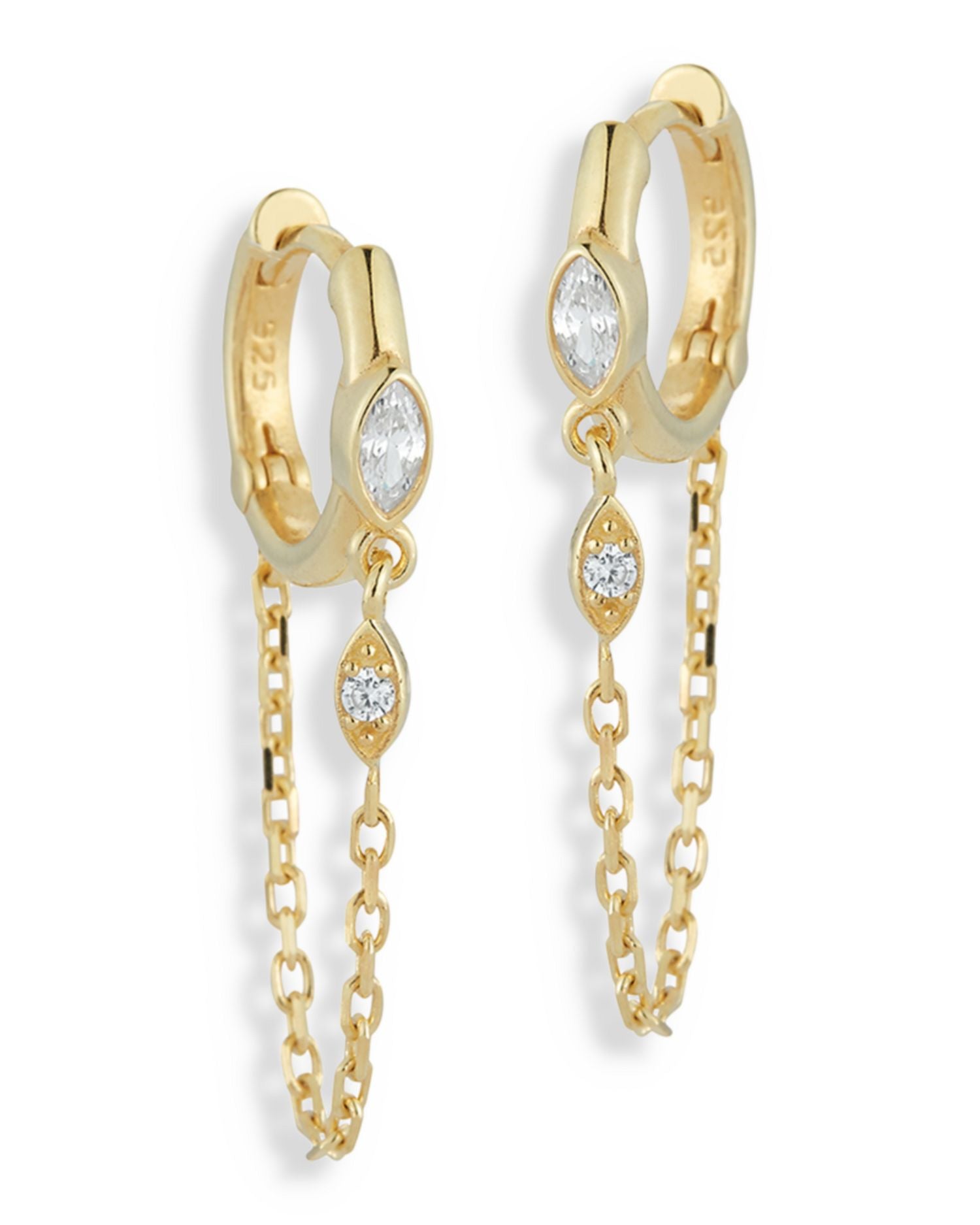 Cubic Zirconia Huggie Hoop Chain Drop Earrings - Exclusive