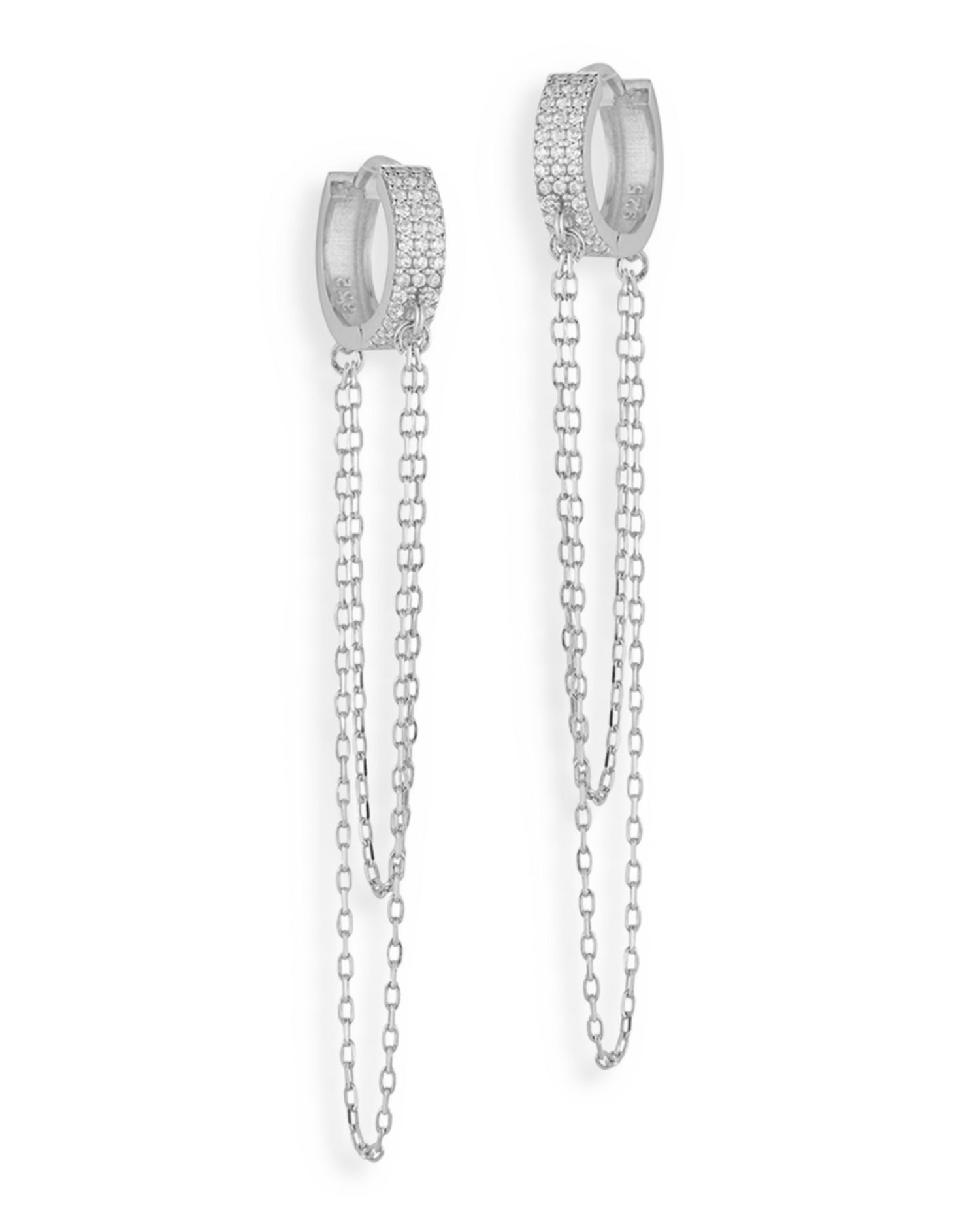 Cubic Zirconia Pavé Huggie Hoop Chain Drop Earrings