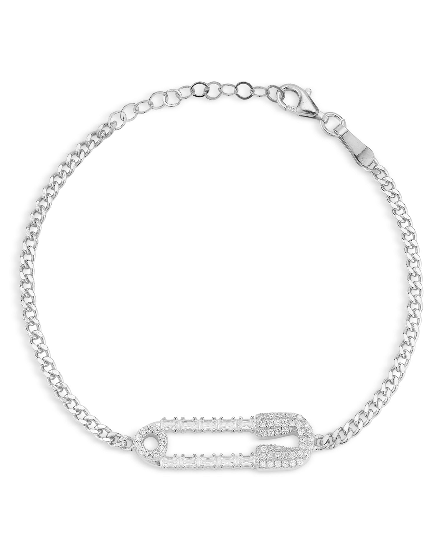 Cubic Zirconia Safety Pin Curb Chain Bracelet - Exclusive
