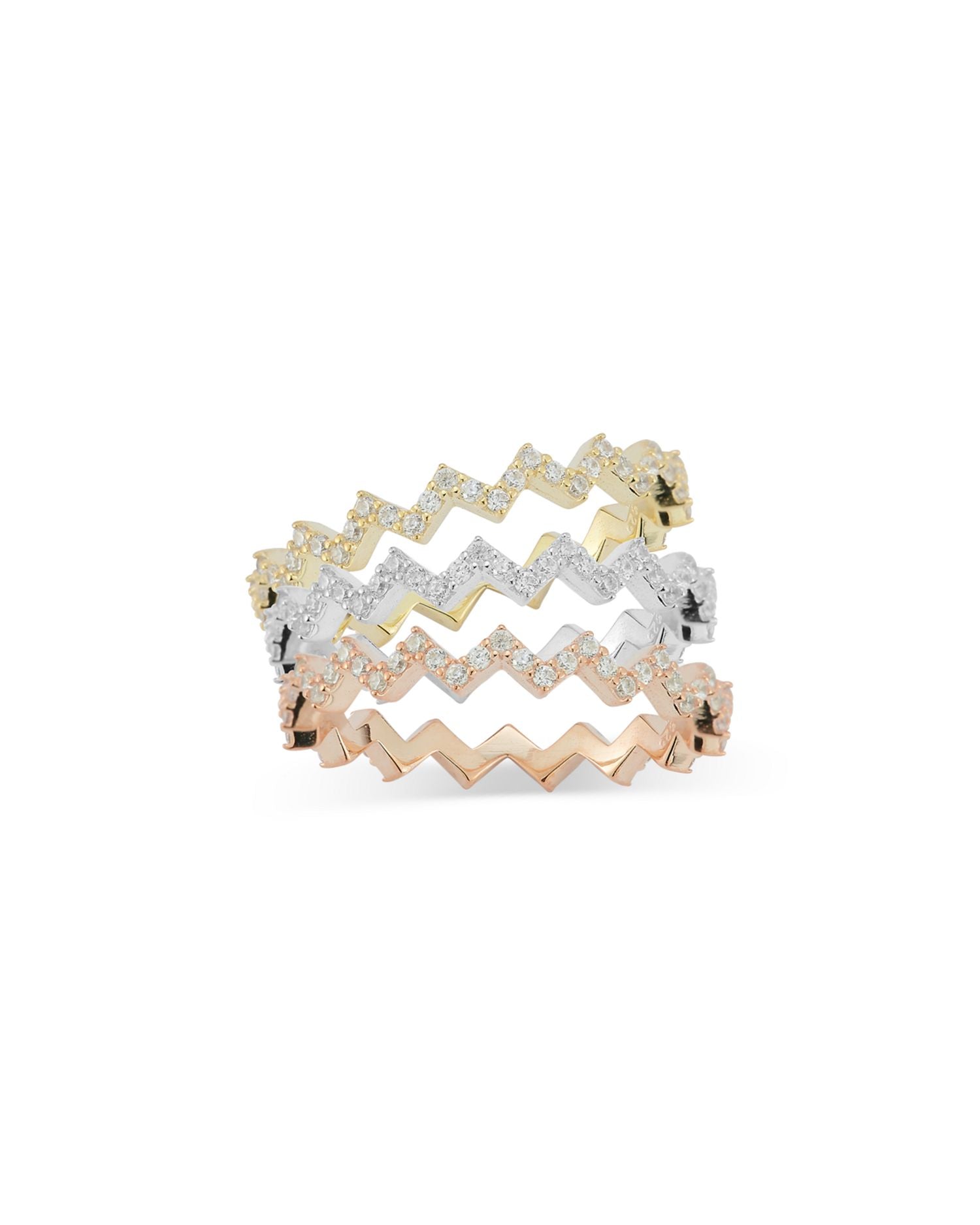 Pavé Zigzag Stack Rings in Tri Tone Sterling Silver, Set of 3 - Exclusive