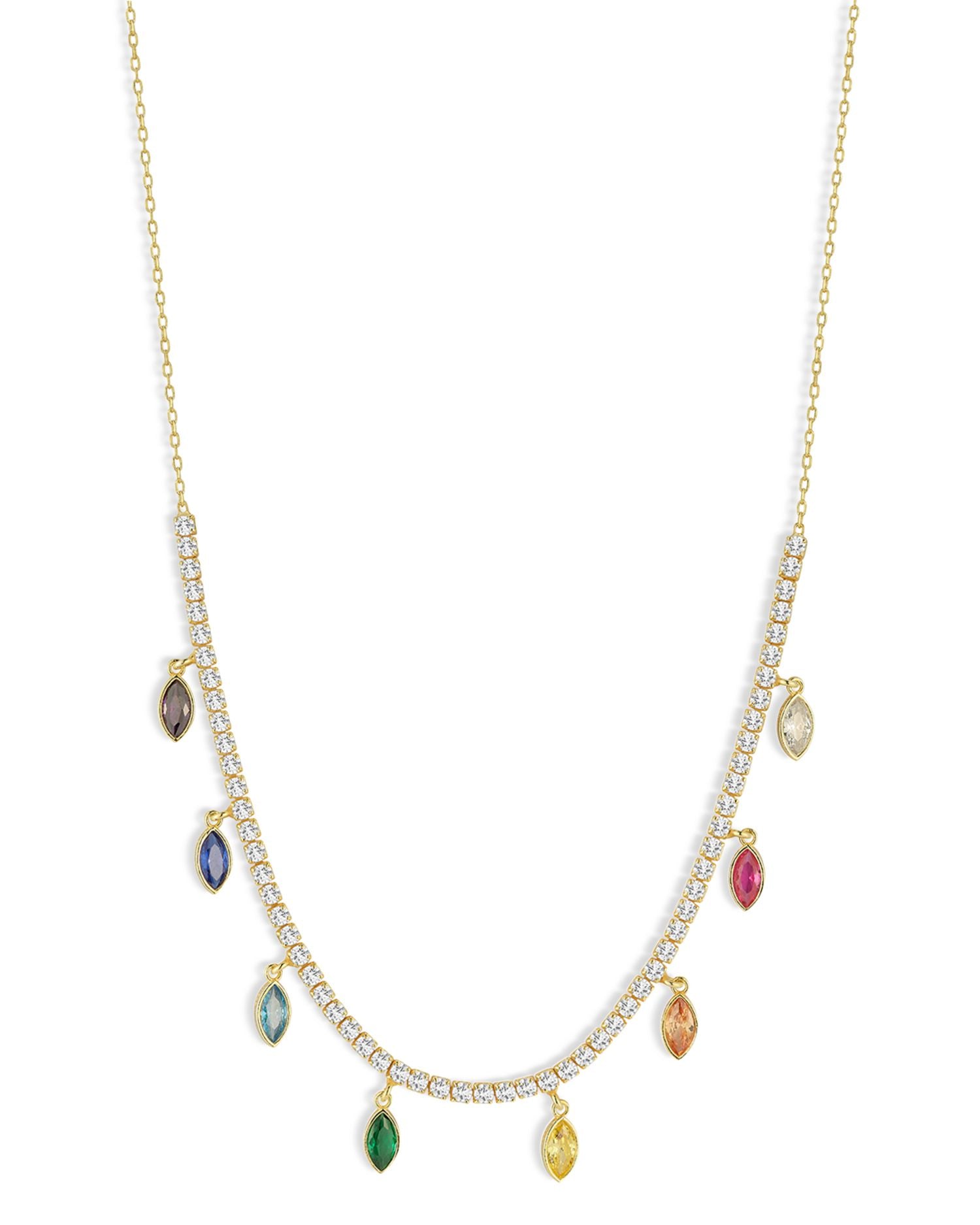 Rainbow Cubic Zirconia Charm Tennis Style Statement Necklace in 14K Gold Plated Sterling Silver, 16.5"-18" - Exclusive