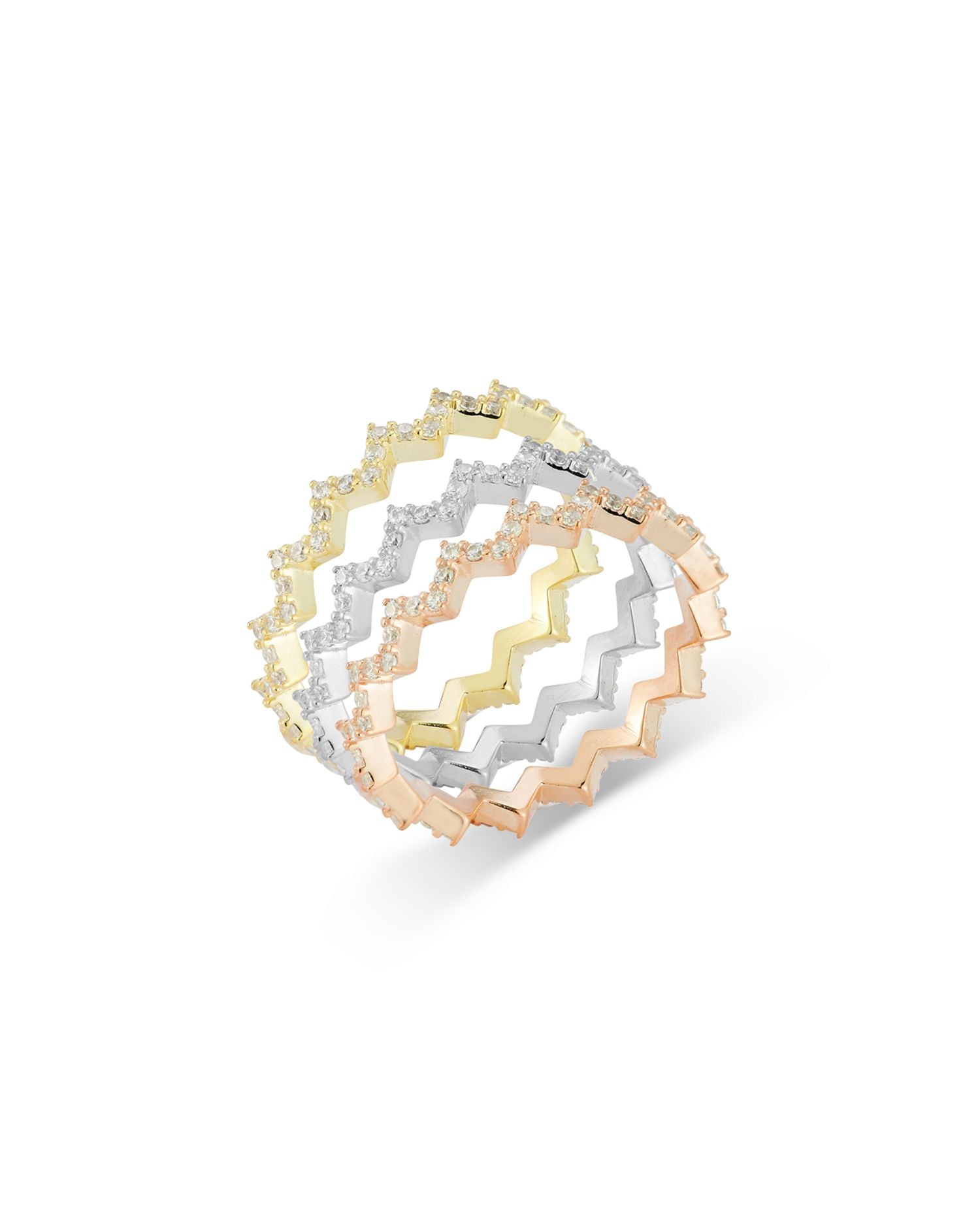Pavé Zigzag Stack Rings in Tri Tone Sterling Silver, Set of 3 - Exclusive