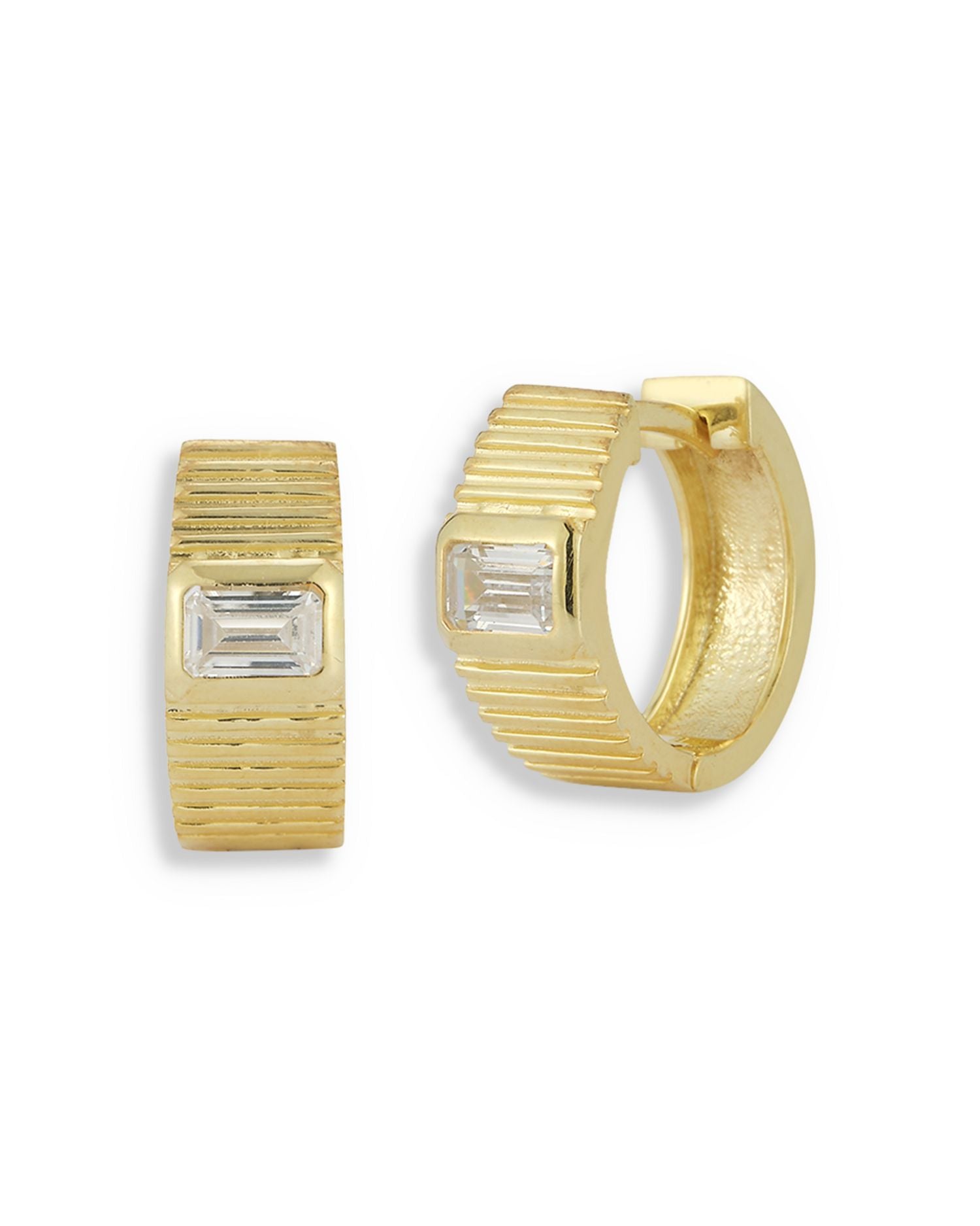 Cubic Zirconia Vintage Huggie Hoop Earrings in 14K Gold Plated Sterling Silver - Exclusive