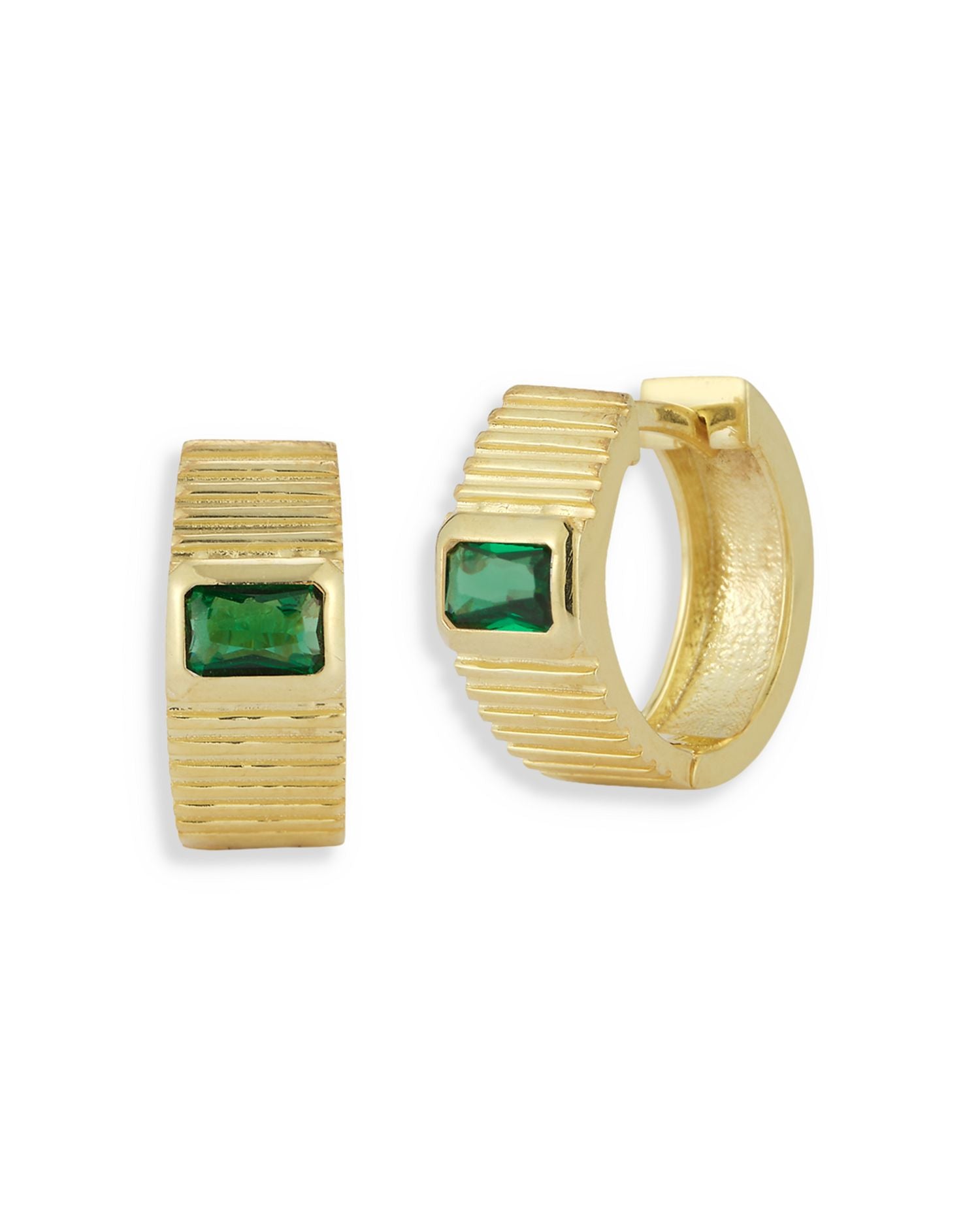 Green Cubic Zirconia Vintage Huggie Hoop Earrings in 14K Gold Plated Sterling Silver - Exclusive