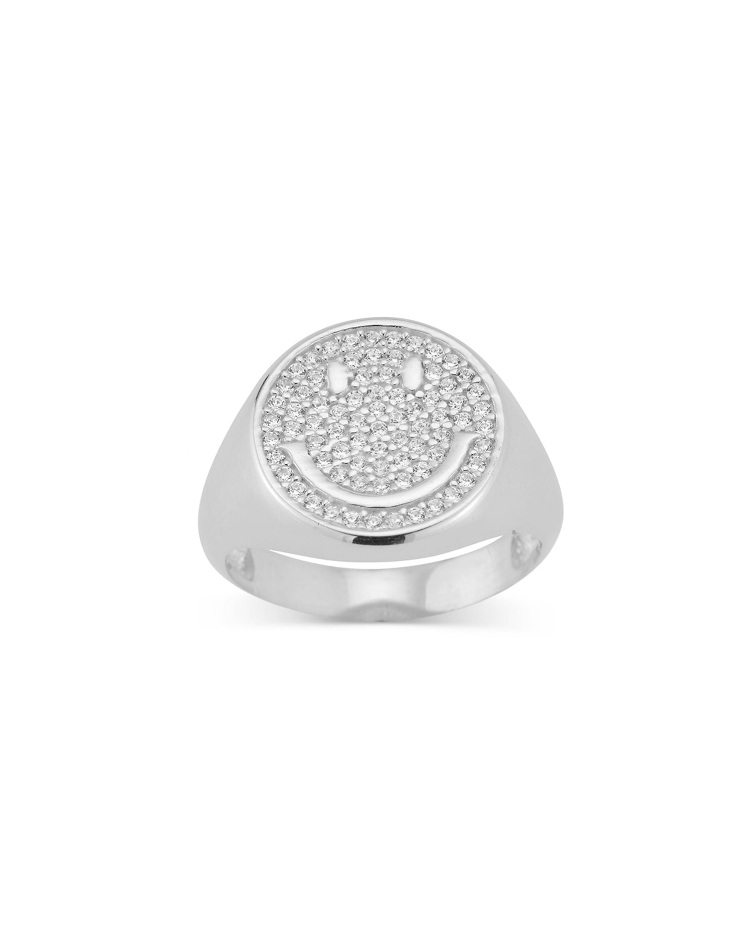 Pavé Smiley Face Signet Ring in Rhodium Plated Sterling Silver - Exclusive