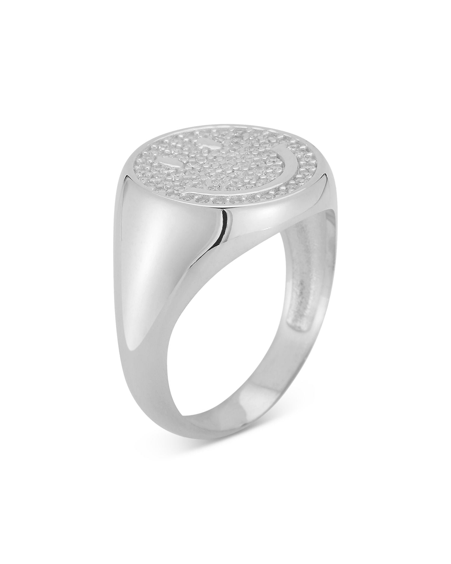 Pavé Smiley Face Signet Ring in Rhodium Plated Sterling Silver - Exclusive