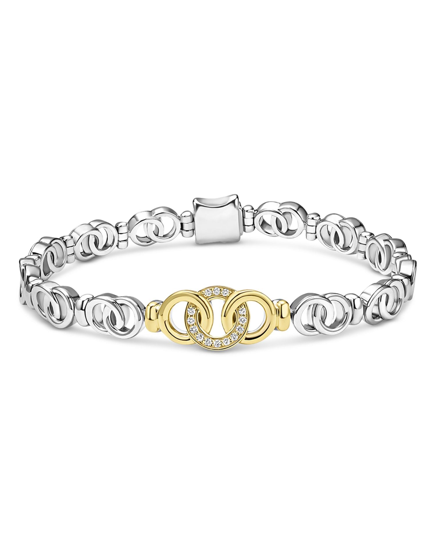 18K Yellow Gold & Sterling Silver Signature Caviar Diamond Interlocking Ring Link Bracelet