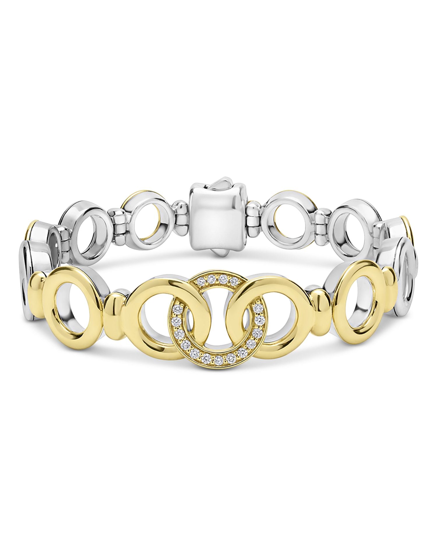 18K Yellow Gold & Sterling Silver Signature Caviar Diamond Interlocking Ring Link Bracelet