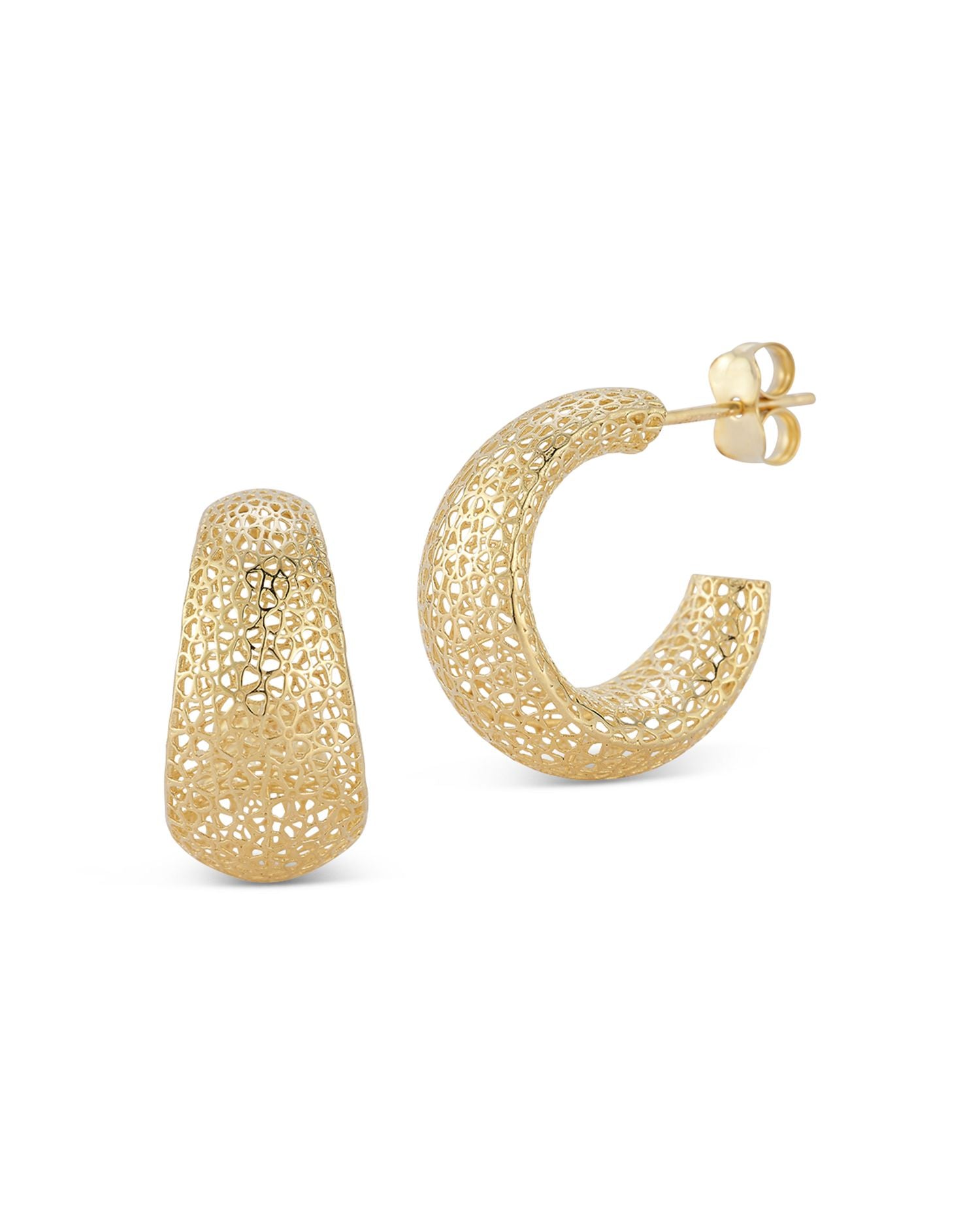 Bold Openwork Flower Crescent Small Hoop Earrings in 14K Yellow Gold