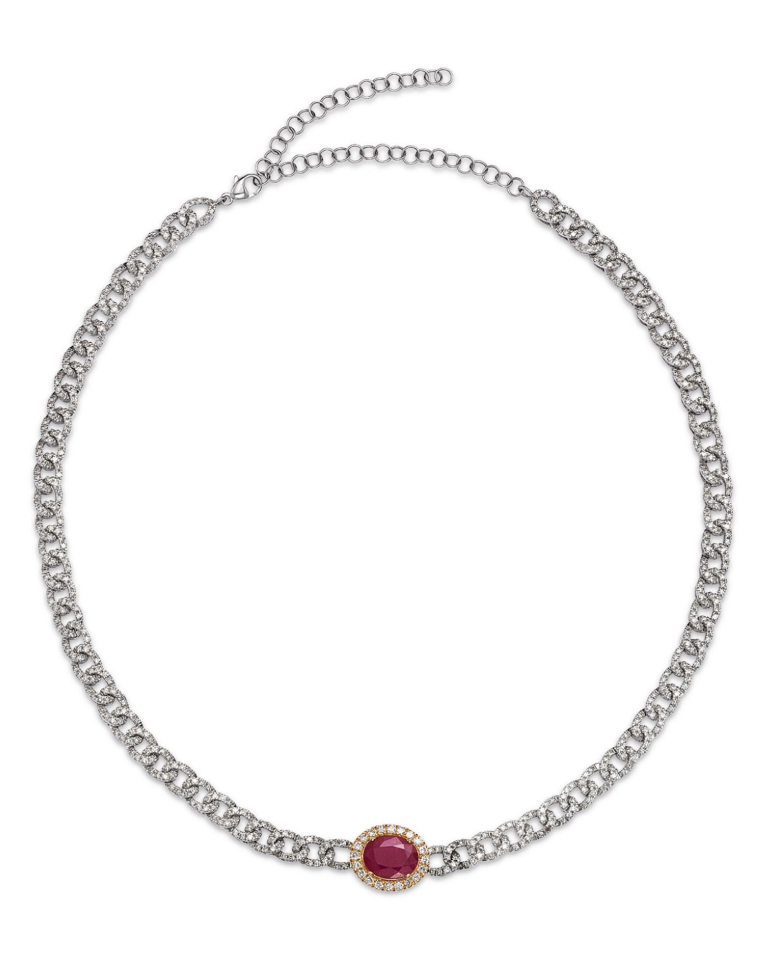 Ruby & Diamond Oval Halo Chain link Collar Necklace in 14K Yellow & White Gold, 14-18'