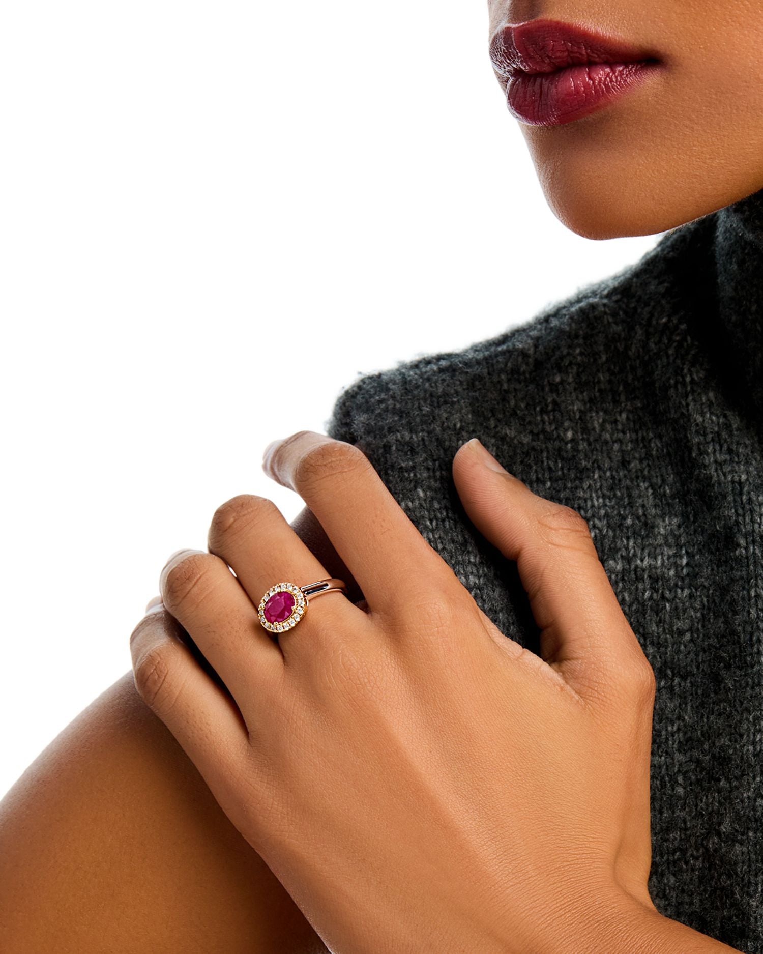 Ruby & Diamond Oval Halo Ring in 14K Yellow & White Gold