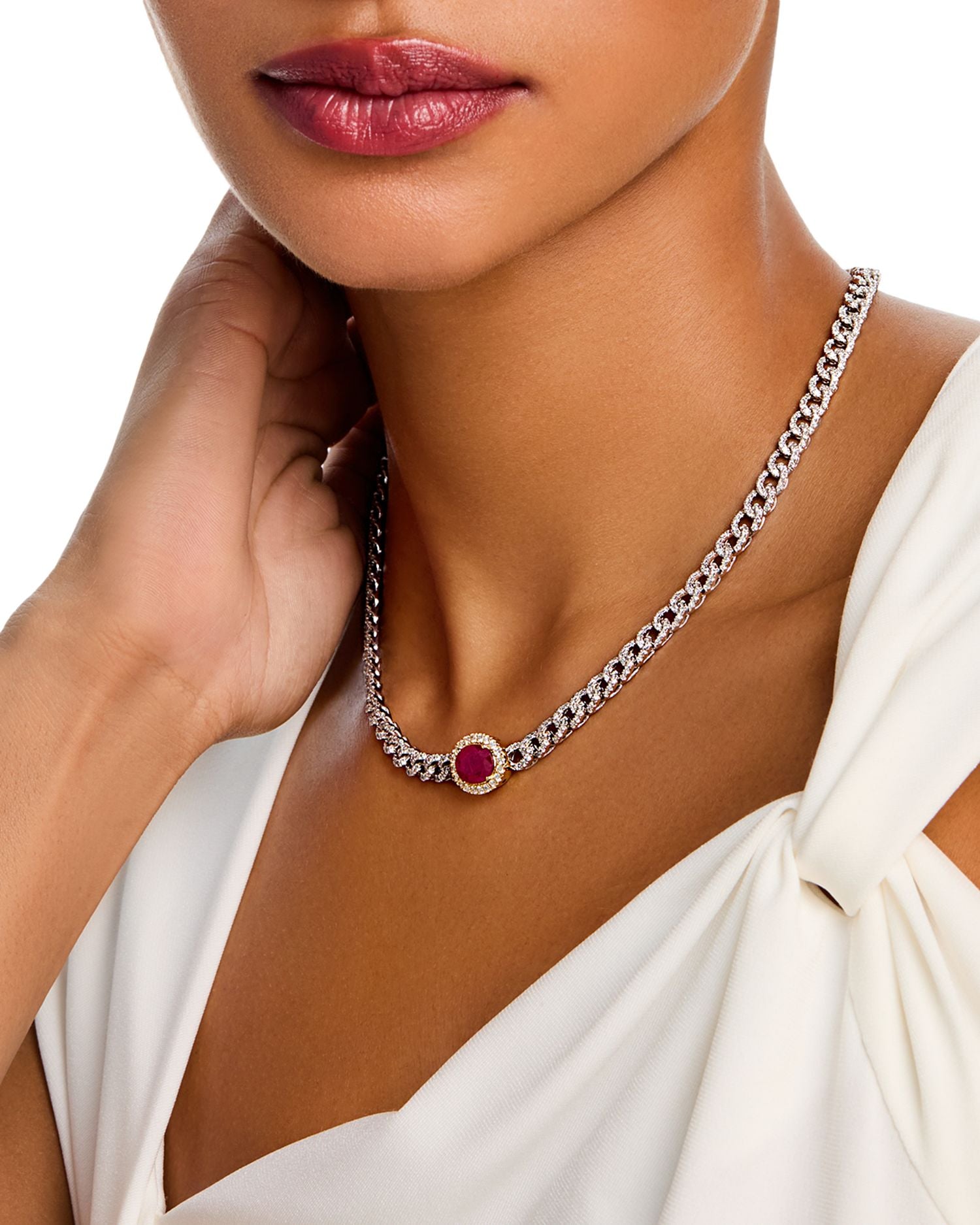 Ruby & Diamond Oval Halo Chain link Collar Necklace in 14K Yellow & White Gold, 14-18'
