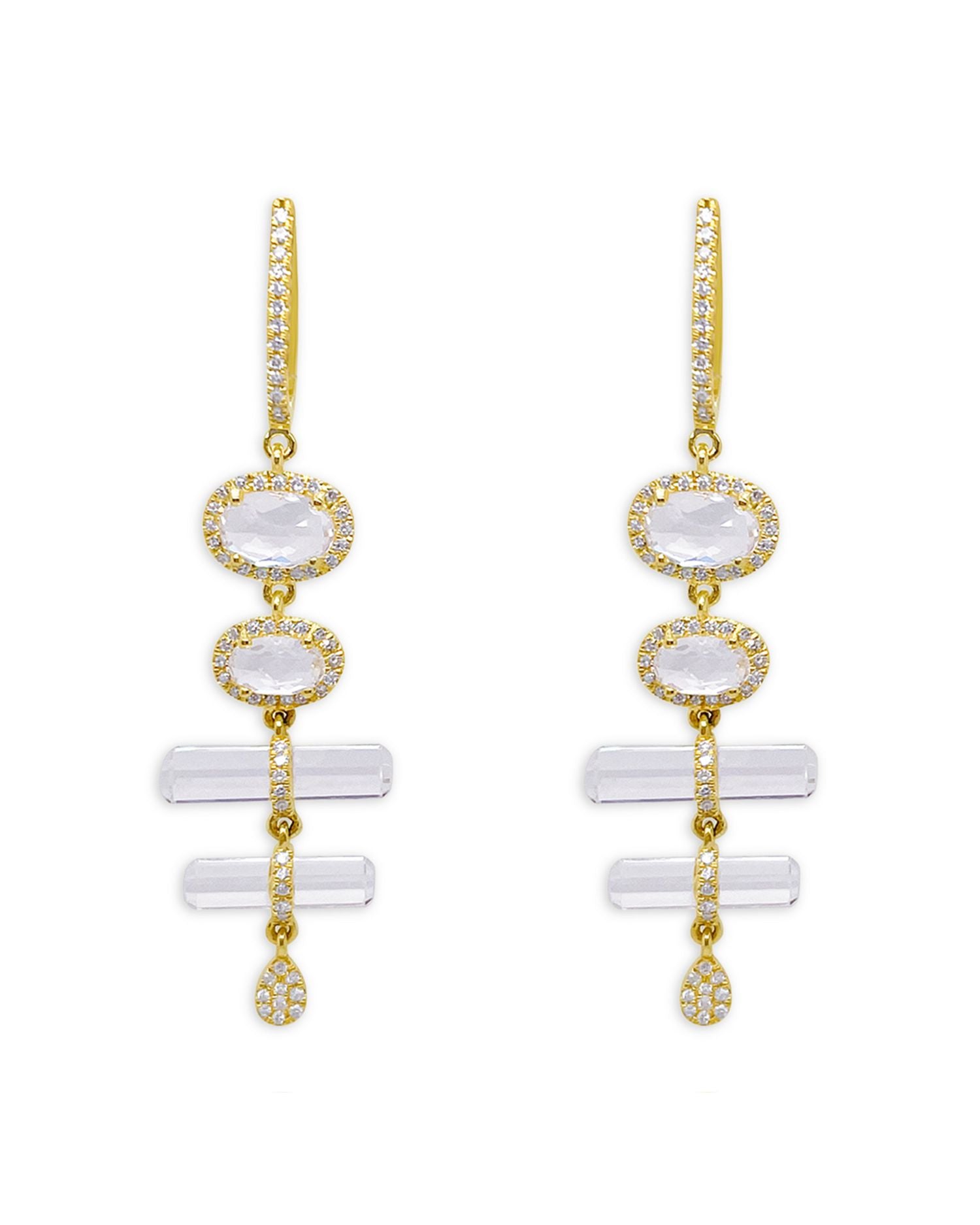 14K Yellow Gold White Topaz & Diamond Halo Dangle Huggie Hoop Earrings