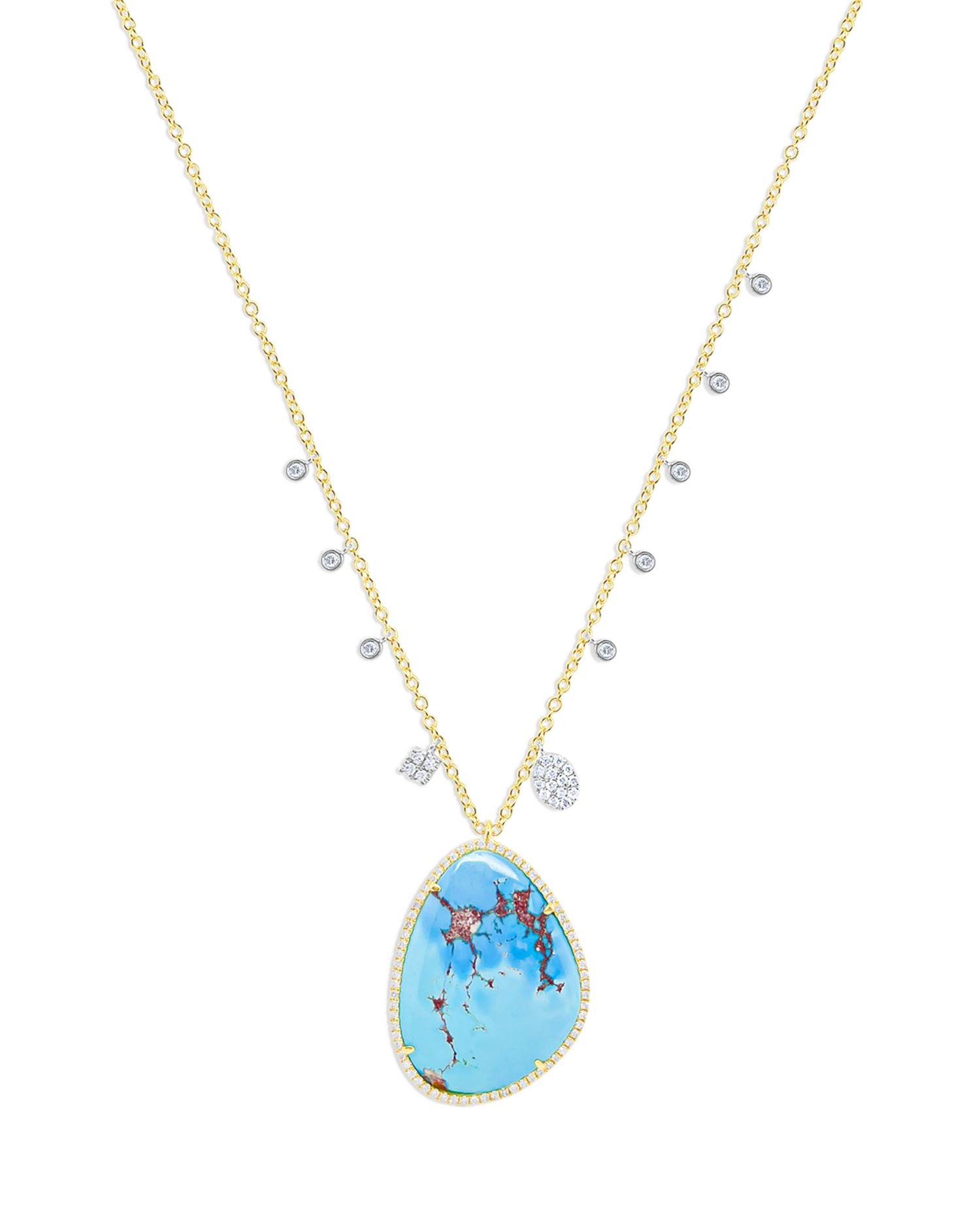 14K White & Yellow Gold Turquoise & Diamond Dangle Pendant Necklace, 18-20'