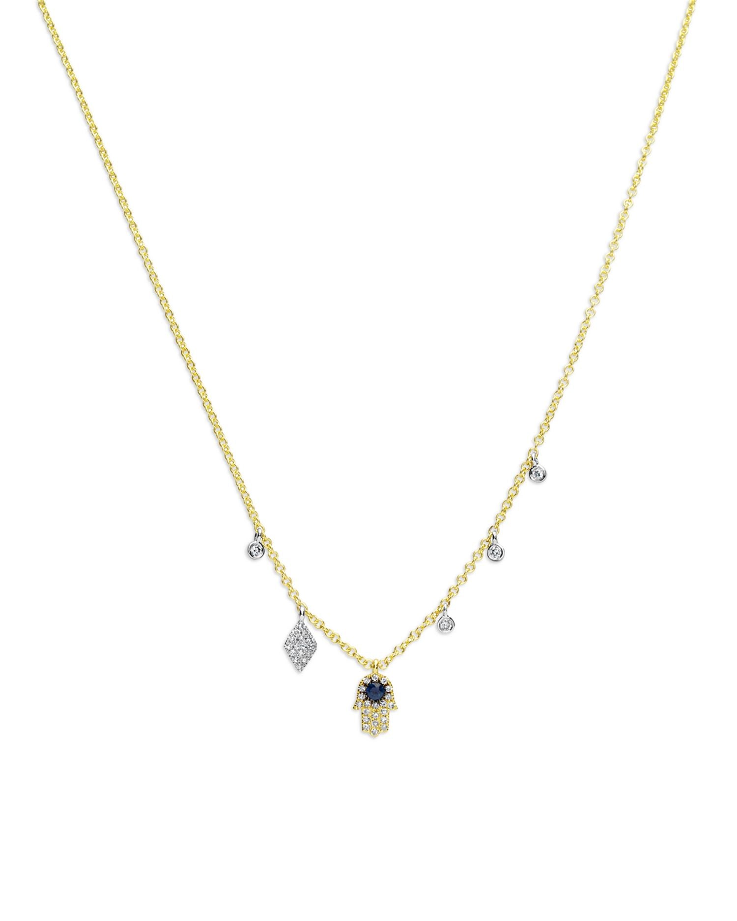 14K White & Yellow Gold Blue Sapphire & Diamond Dangle Hamsa Hand Pendant Necklace, 18-20'
