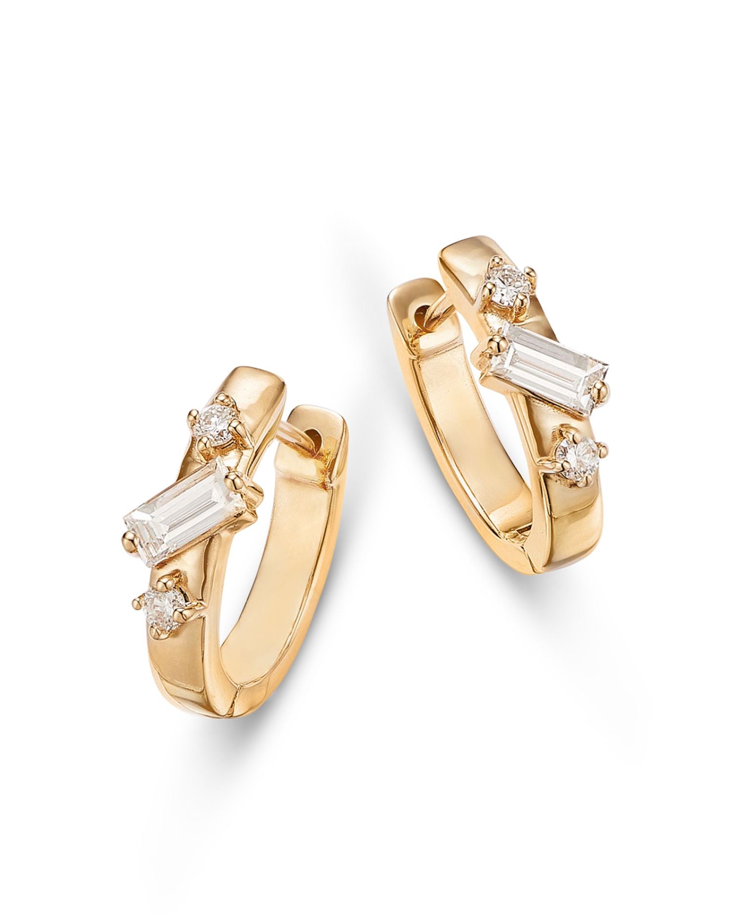 14K Yellow Gold Lab Grown Diamond Round & Baguette Huggie Hoop Earrings