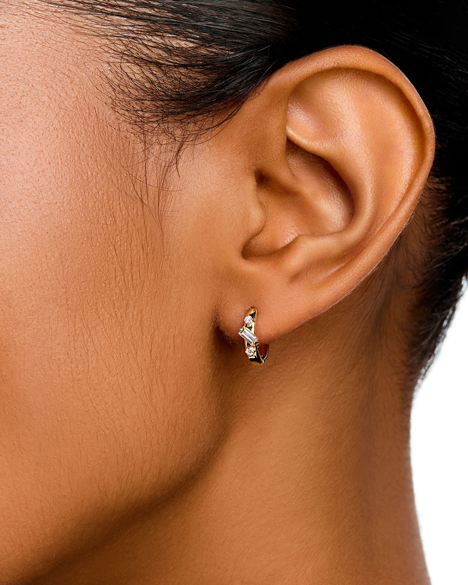 14K Yellow Gold Lab Grown Diamond Round & Baguette Huggie Hoop Earrings