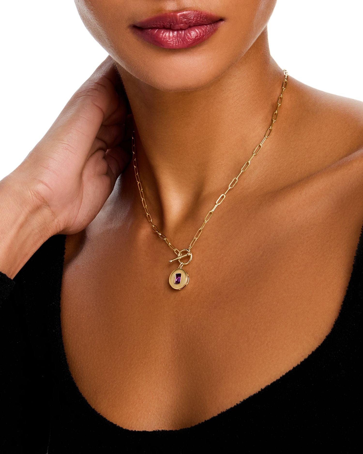 14K Yellow Gold Amethyst Disc Pendant Necklace, 16'