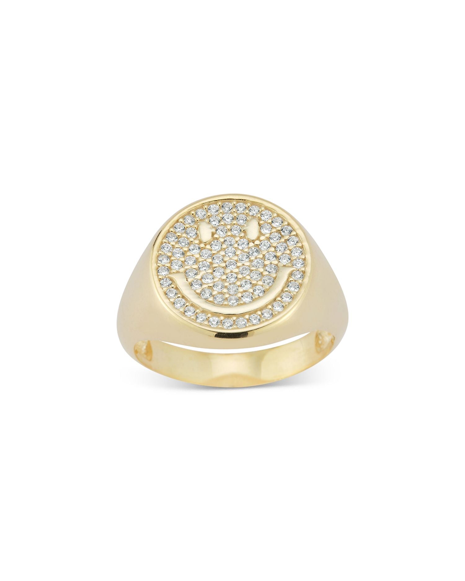 Pavé Smiley Face Signet Ring in 14K Gold Plated Sterling Silver - Exclusive
