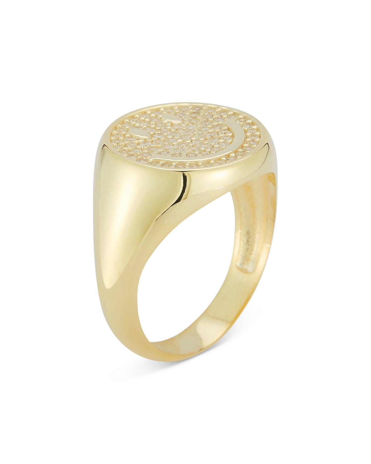 Pavé Smiley Face Signet Ring in 14K Gold Plated Sterling Silver - Exclusive