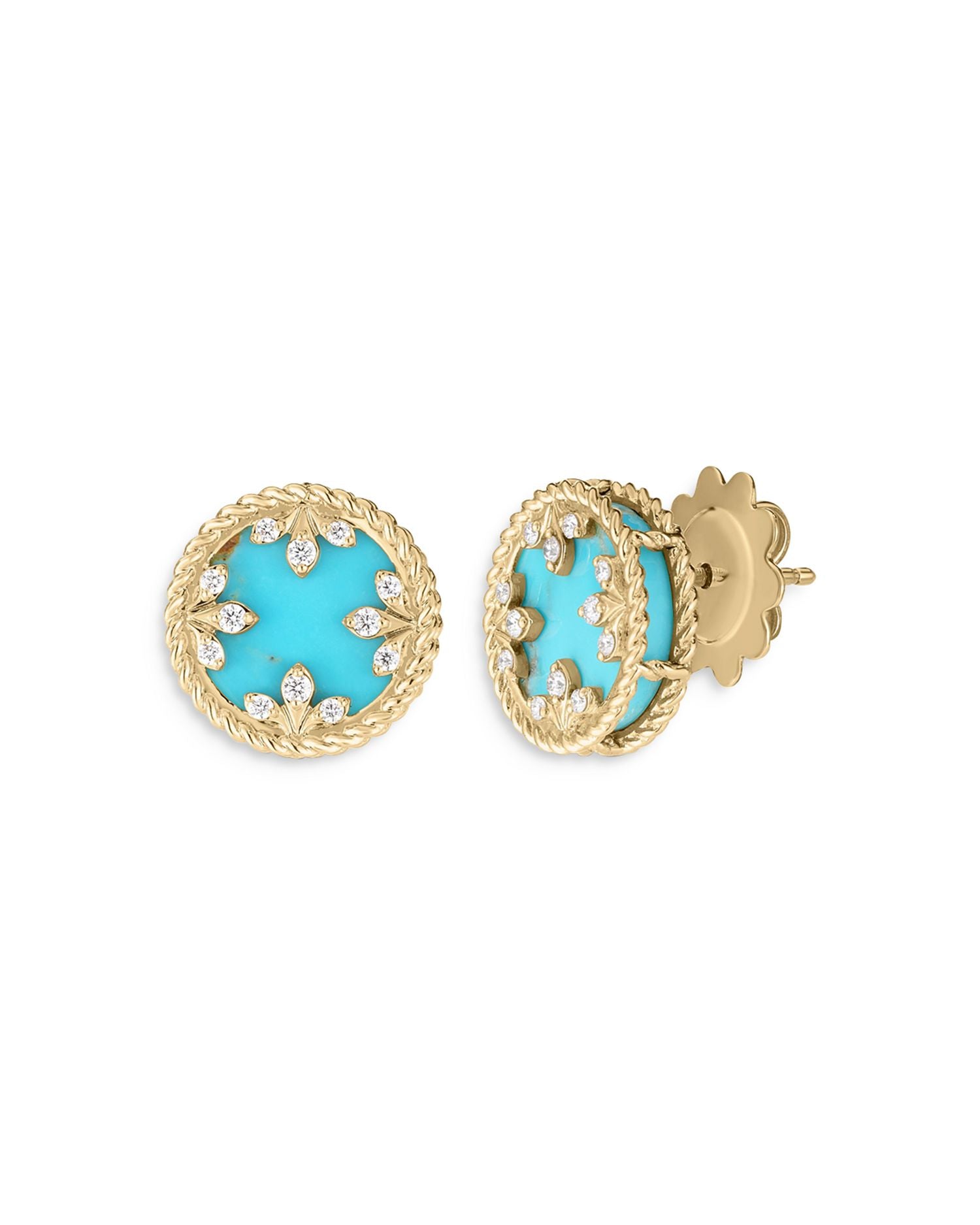 18K Yellow Gold Venetian Princess Medallion Turquoise & Diamond Stud Earrings