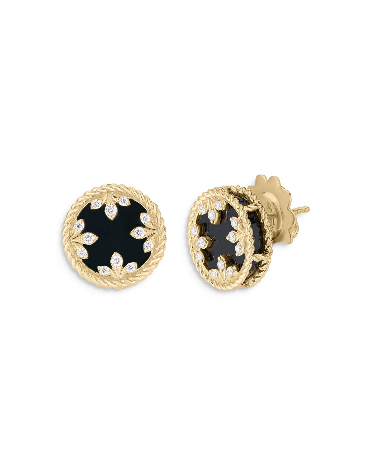18K Yellow Gold Venetian Princess Medallion Black Jade & Diamond Stud Earrings