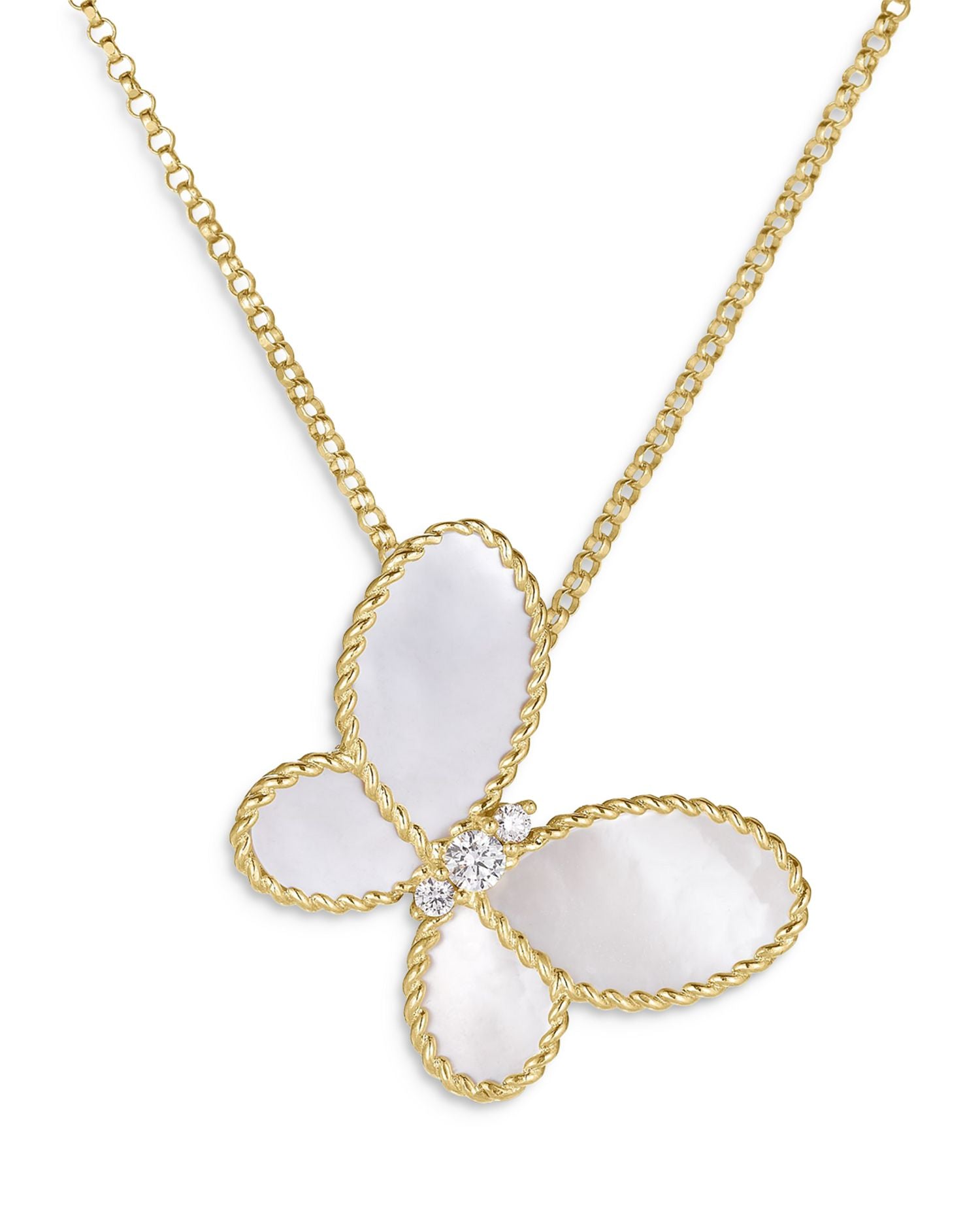 18K Yellow Gold Jasmine Mother of Pearl & Diamond Butterfly Pendant Necklace, 16-18'