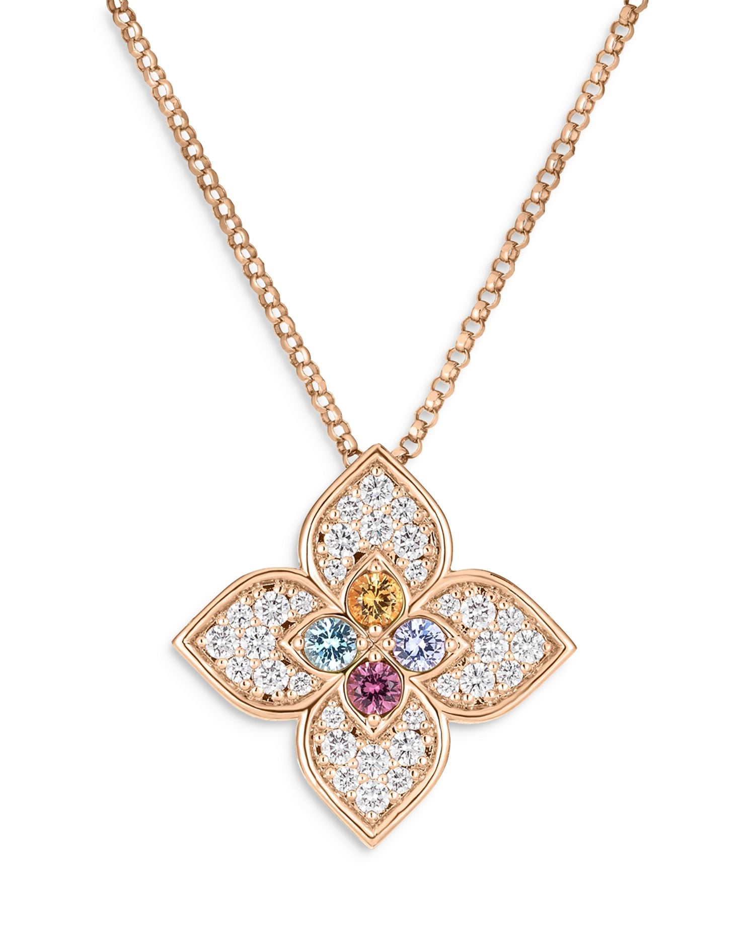 18K Rose Gold Venetian Princess Multi Gemstone & Diamond Flower Pendant Necklace, 16-17'