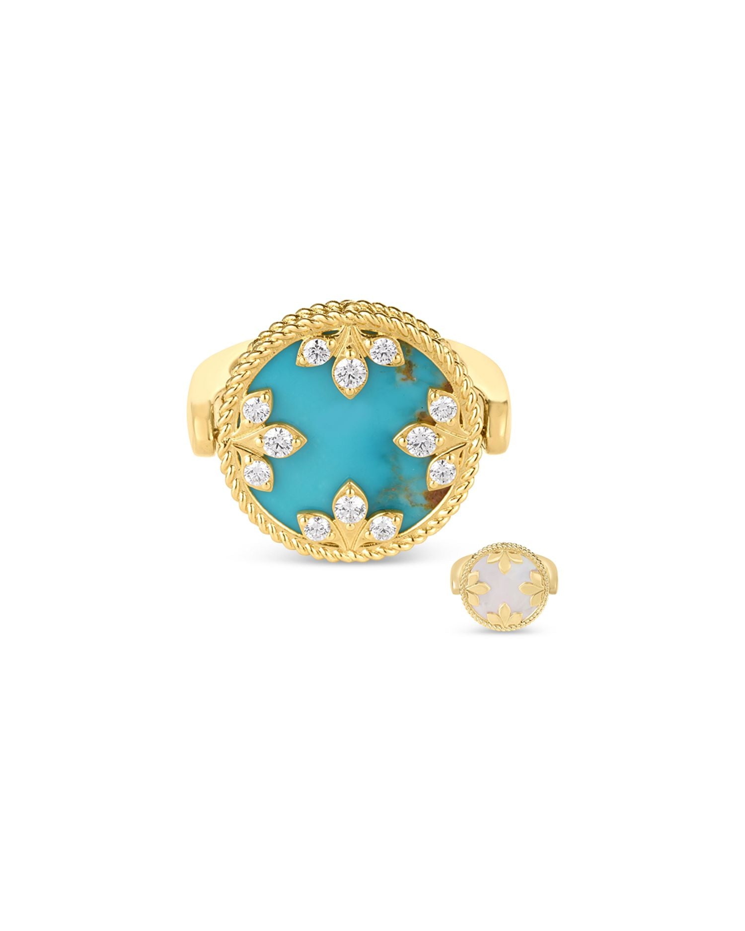 18K Yellow Gold Venetian Princess Medallion Turquoise, Mother of Pearl & Diamond Reversible Ring