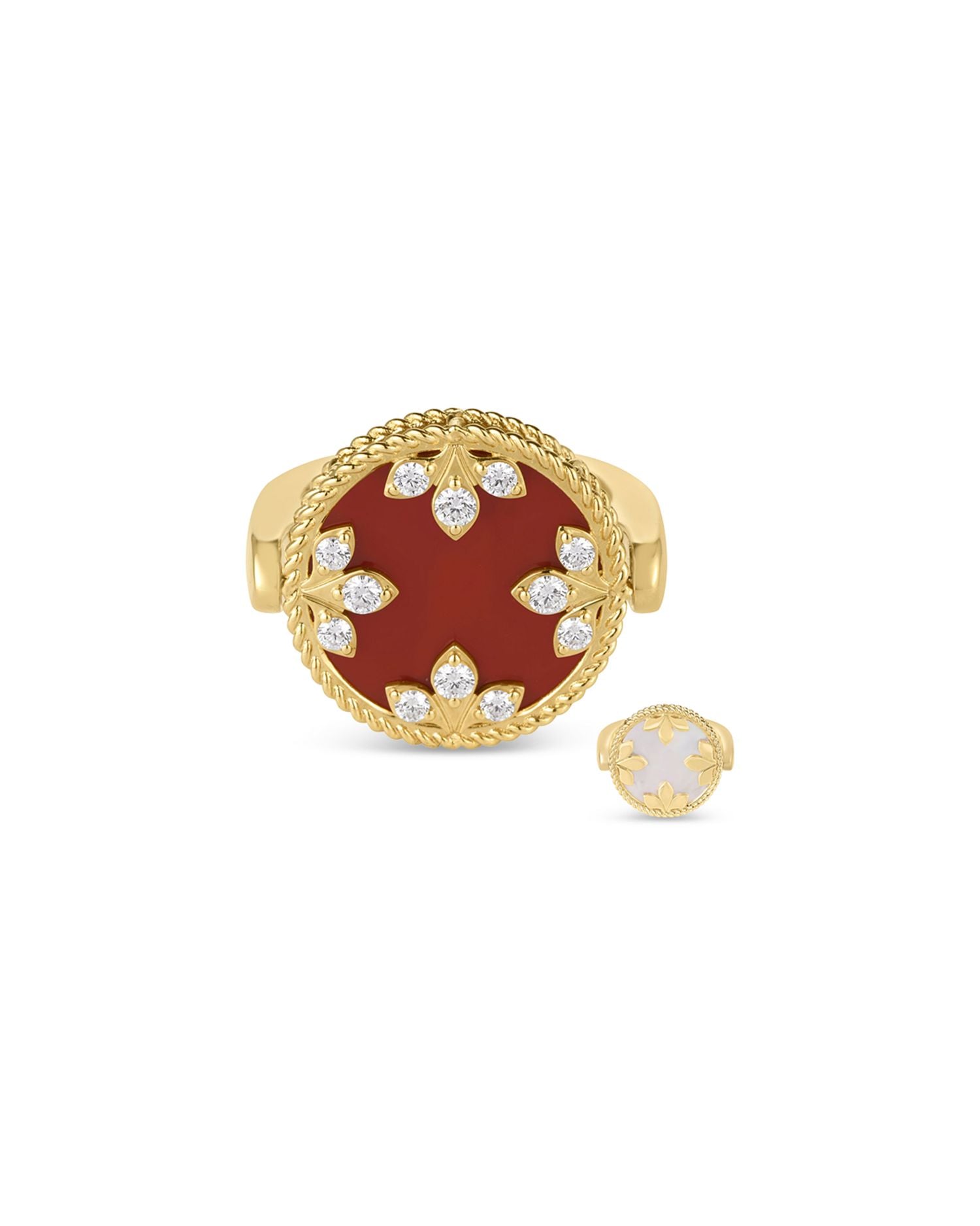 18K Yellow Gold Venetian Princess Medallion Red Agate, Mother of Pearl & Diamond Reversible Ring