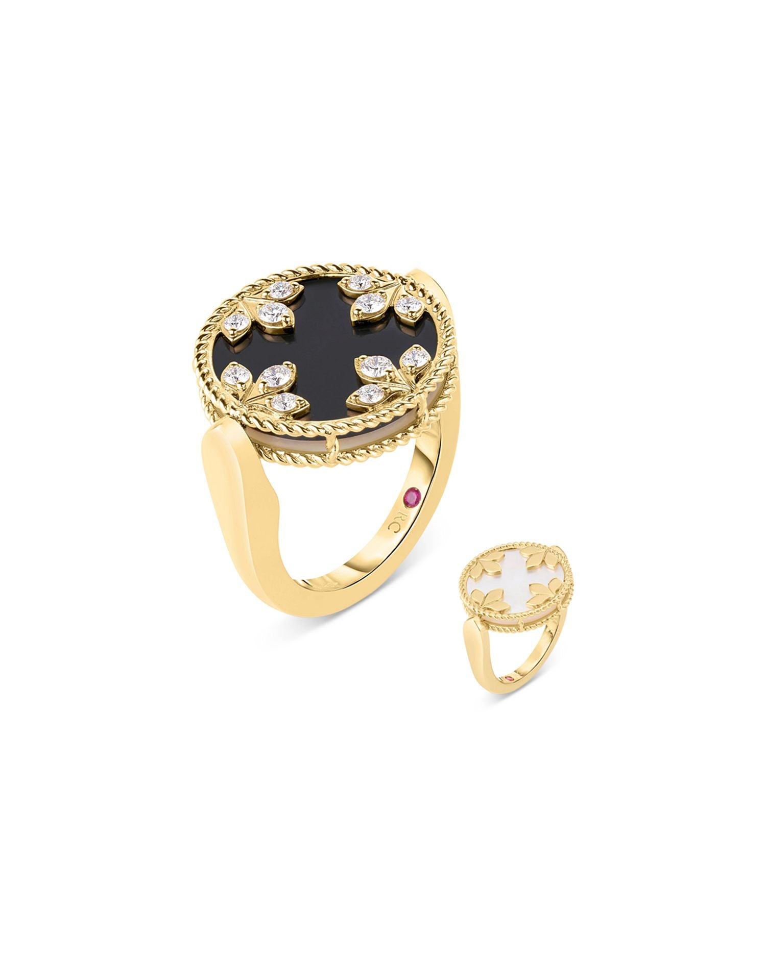 18K Yellow Gold Venetian Princess Medallion Black Jade, Mother of Pearl & Diamond Reversible Ring