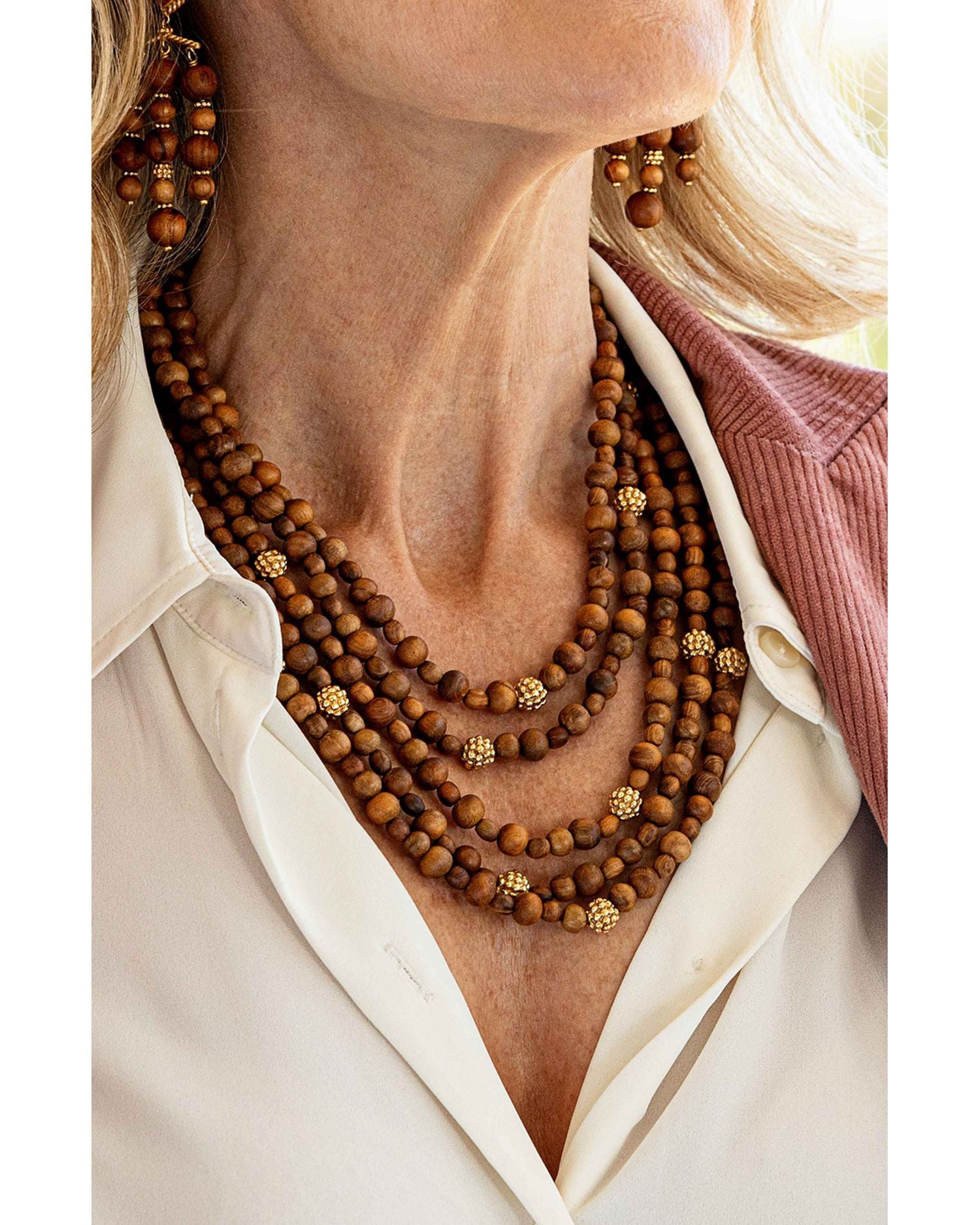 Earth Goddess Teak Beaded Multi Row Statement Necklace, 18"-20"