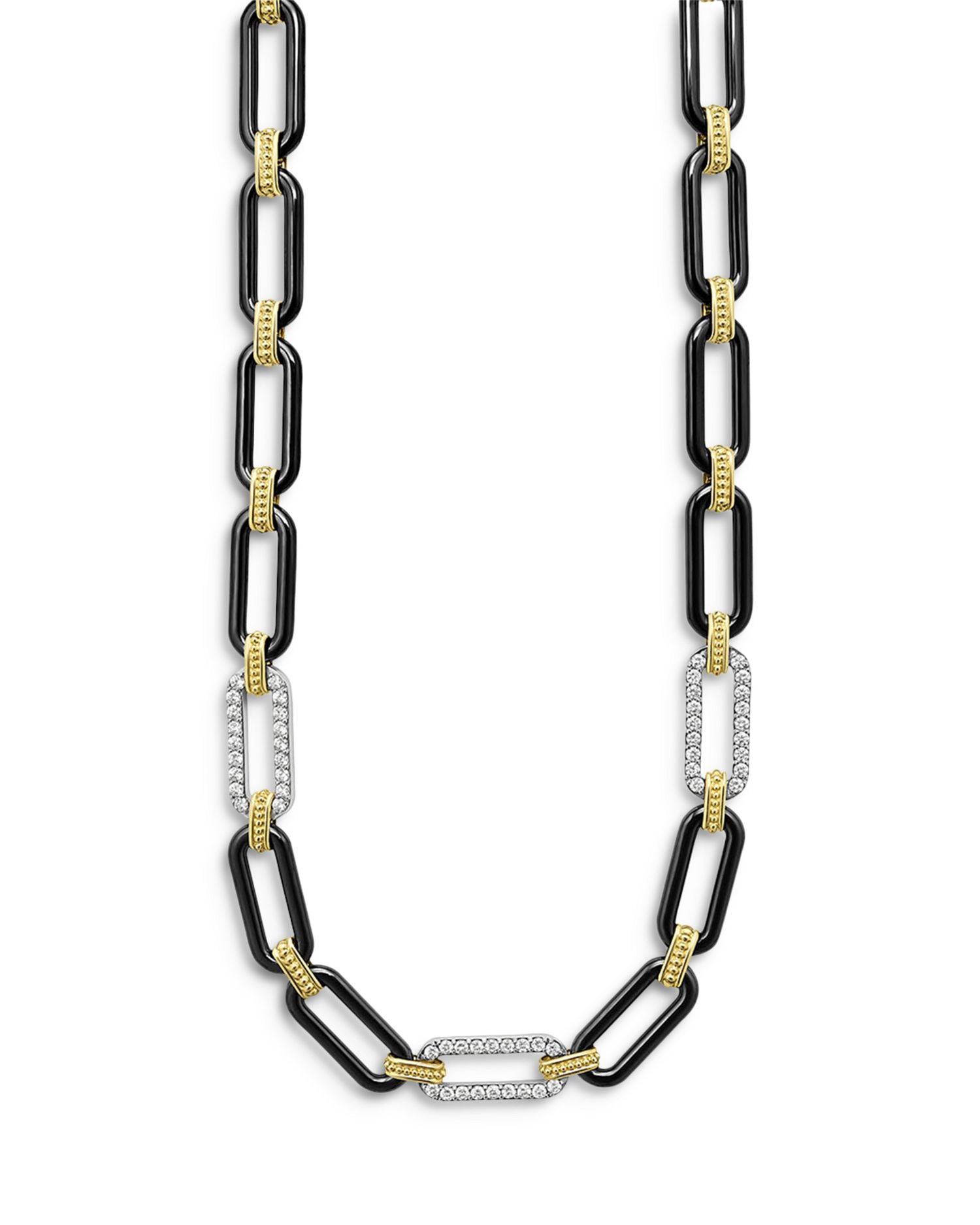18K Yellow & White Gold Signature Caviar Diamond & Black Ceramic Station Link Necklace, 18'