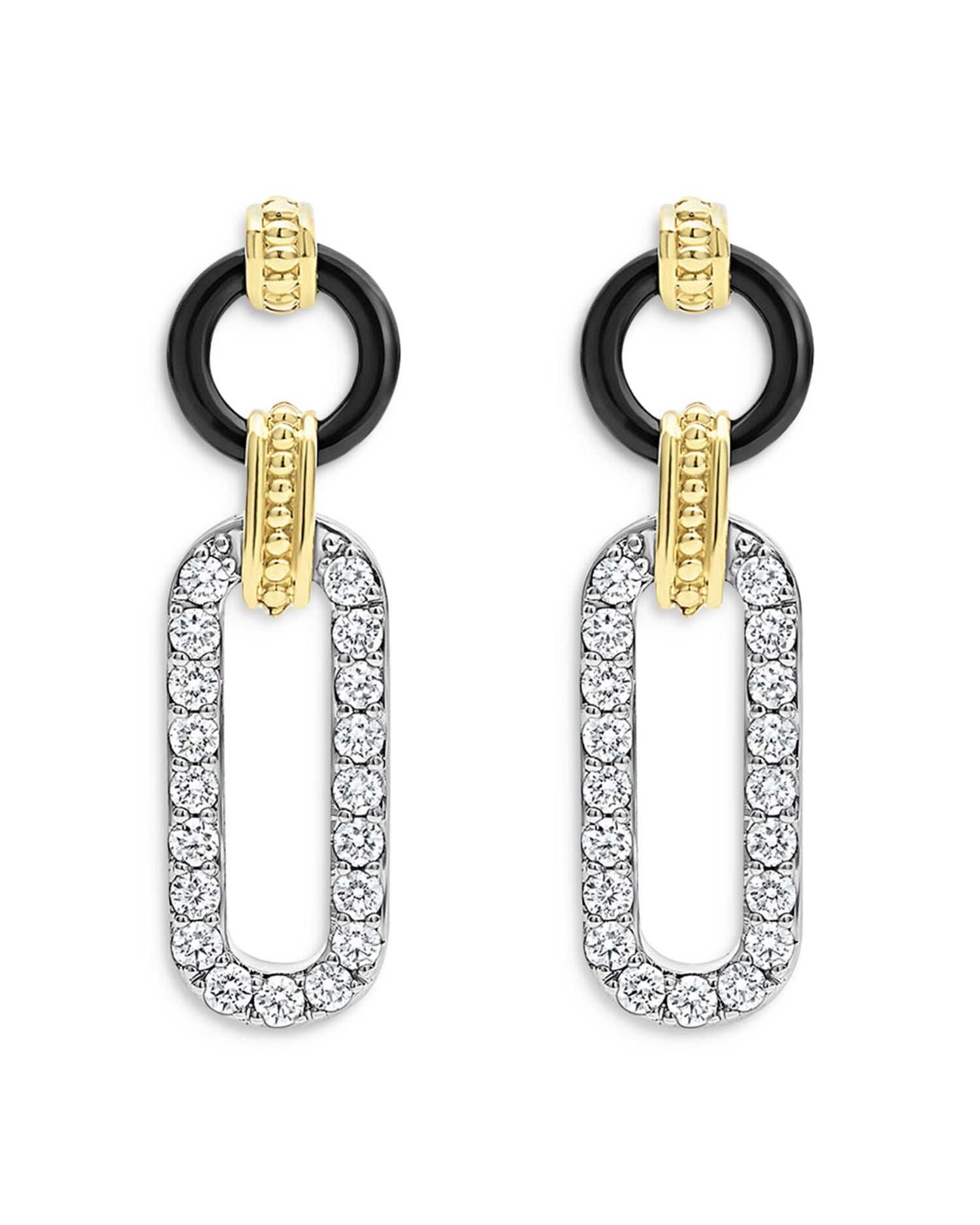 18K Gold Signature Caviar Diamond & Black Ceramic Link Drop Earrings