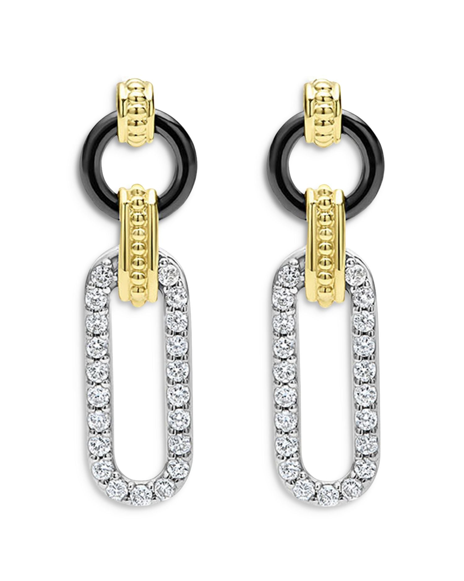 18K Gold Signature Caviar Diamond & Black Ceramic Link Drop Earrings