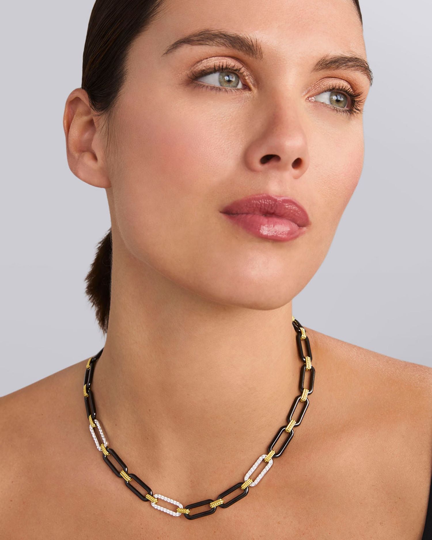 18K Yellow & White Gold Signature Caviar Diamond & Black Ceramic Station Link Necklace, 18'