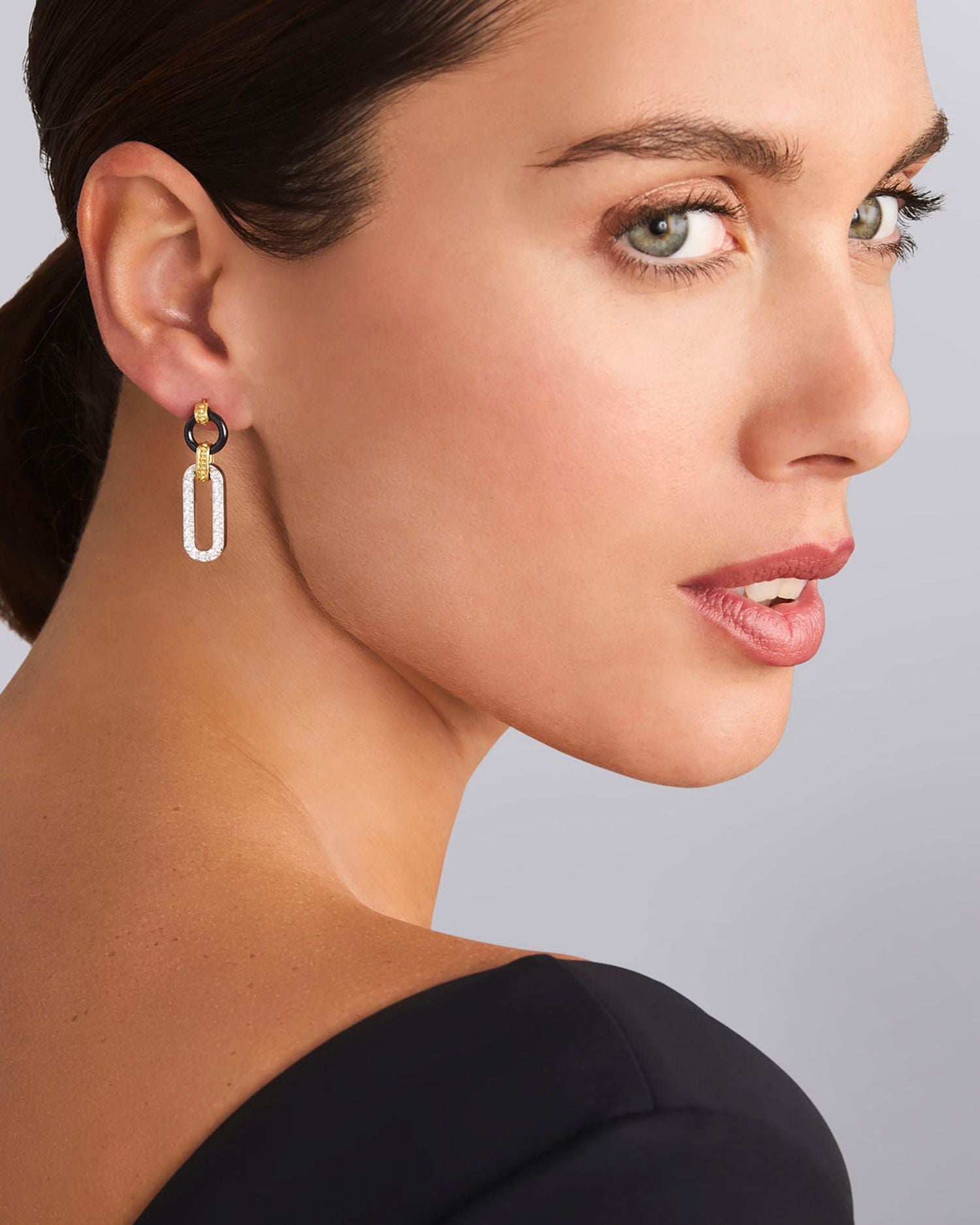18K Gold Signature Caviar Diamond & Black Ceramic Link Drop Earrings