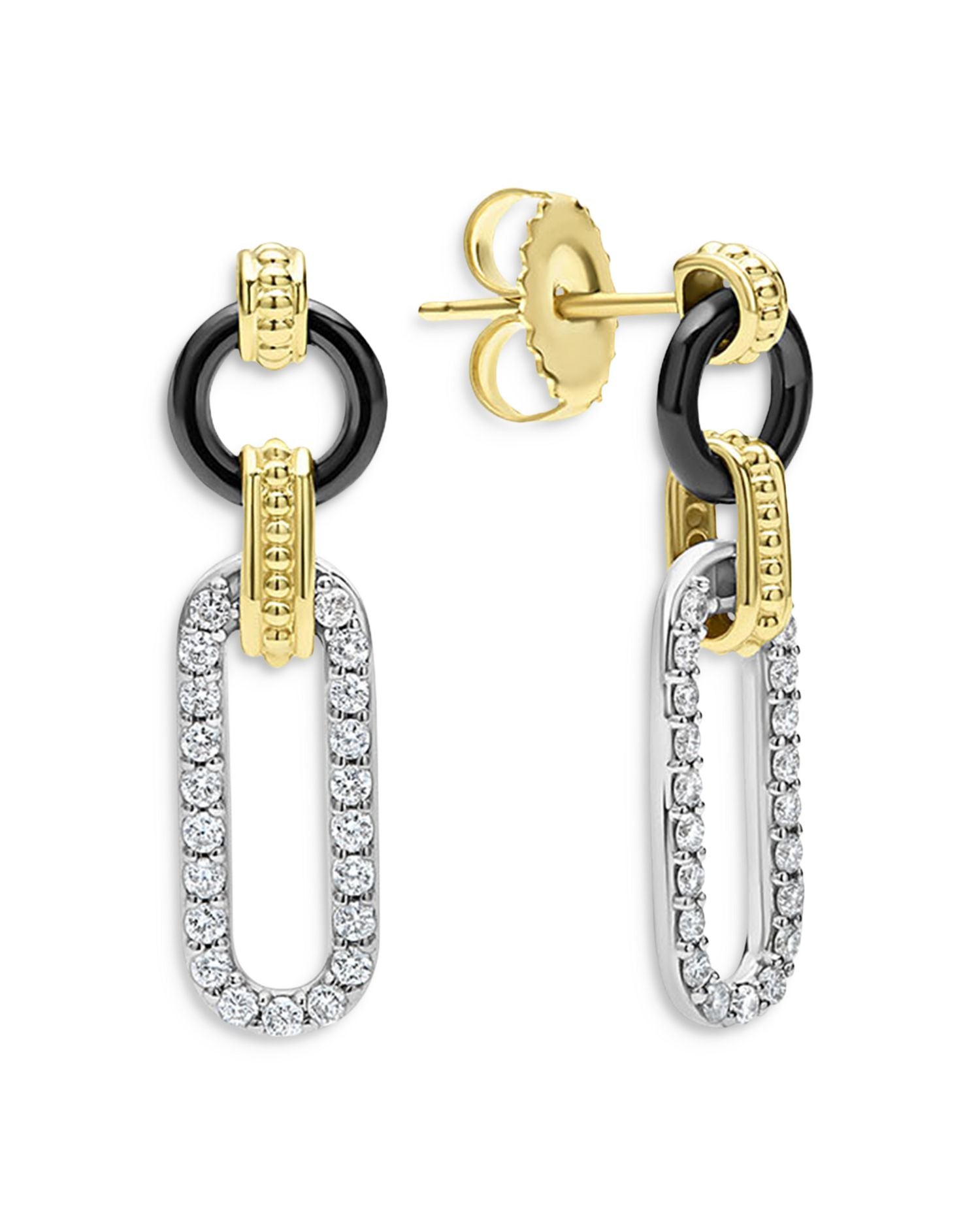 18K Gold Signature Caviar Diamond & Black Ceramic Link Drop Earrings
