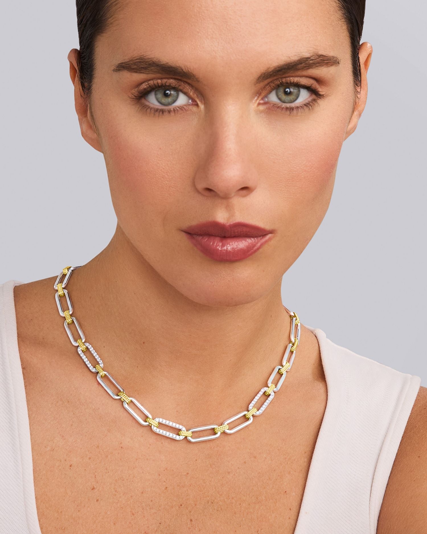 18K Yellow Gold & Sterling Silver Signature Caviar Diamond Trio Station Link Collar Necklace, 18'