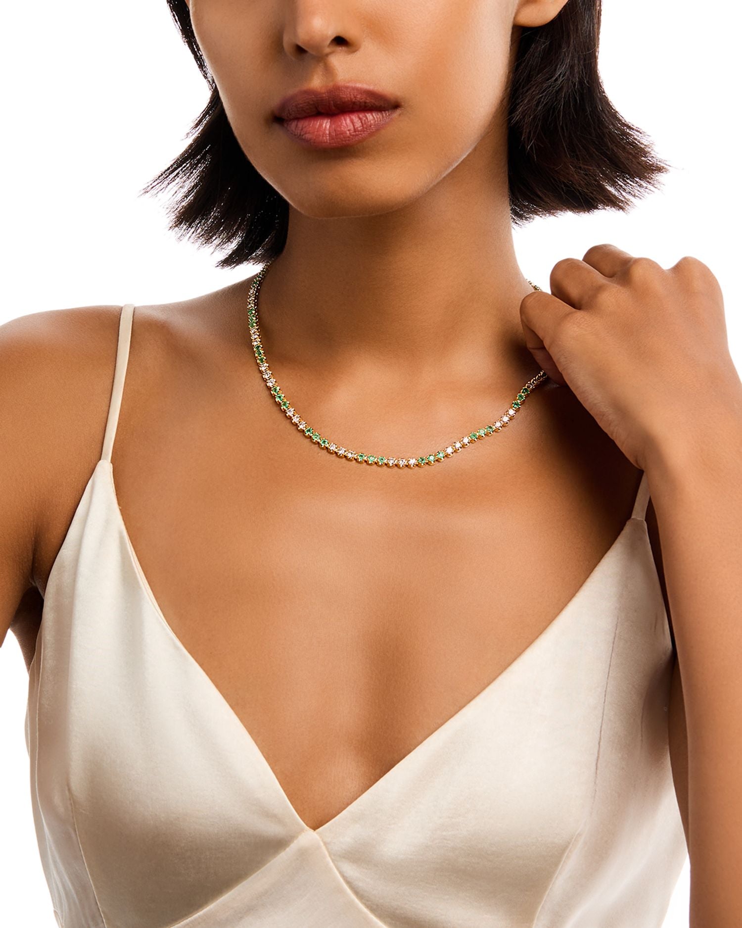 Emerald & Diamond Collar Necklace in 14K Yellow Gold, 16.5"