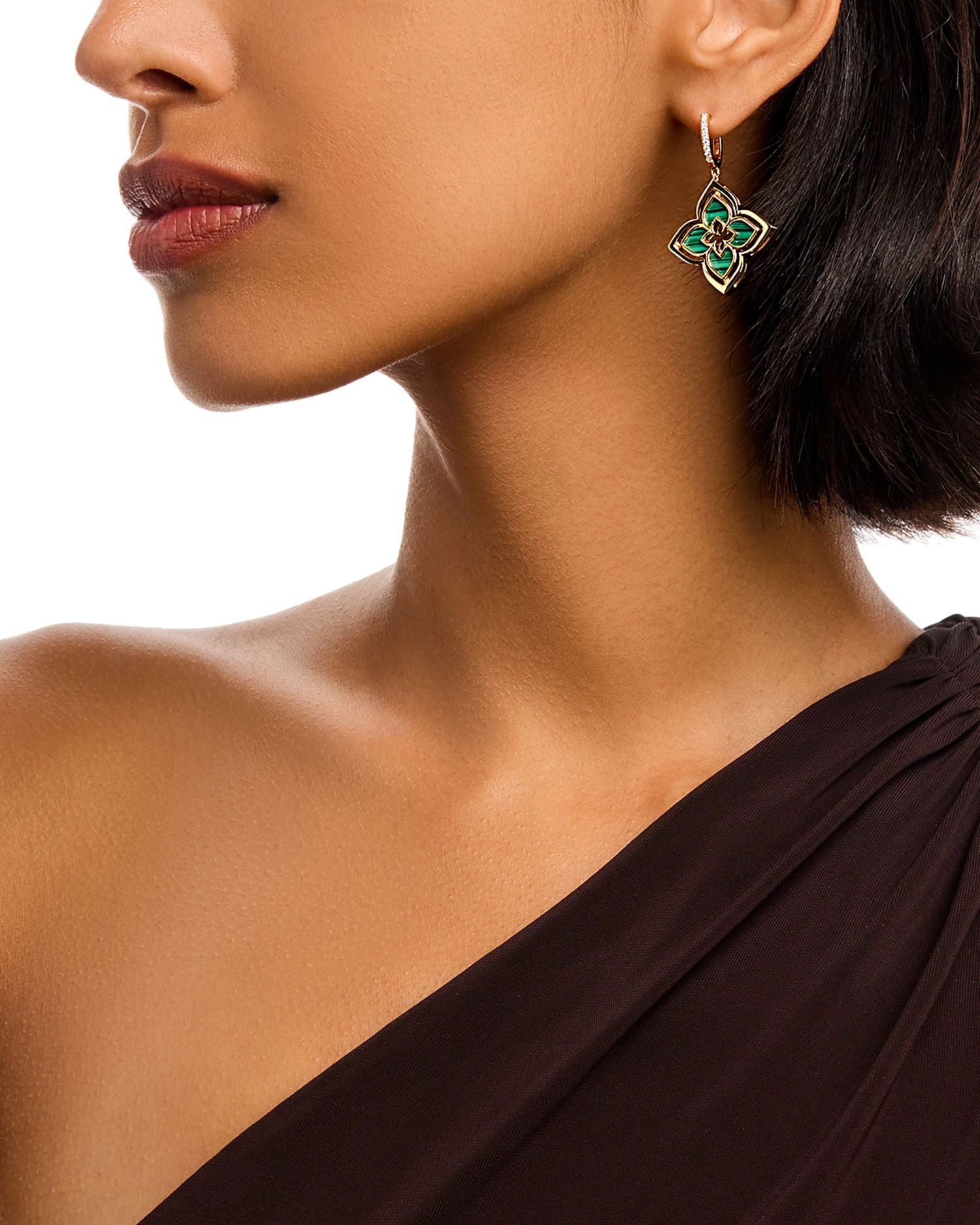 18K Yellow Gold Venetian Princess Pirouette Malachite & Diamond Reversible Flower Drop Earrings