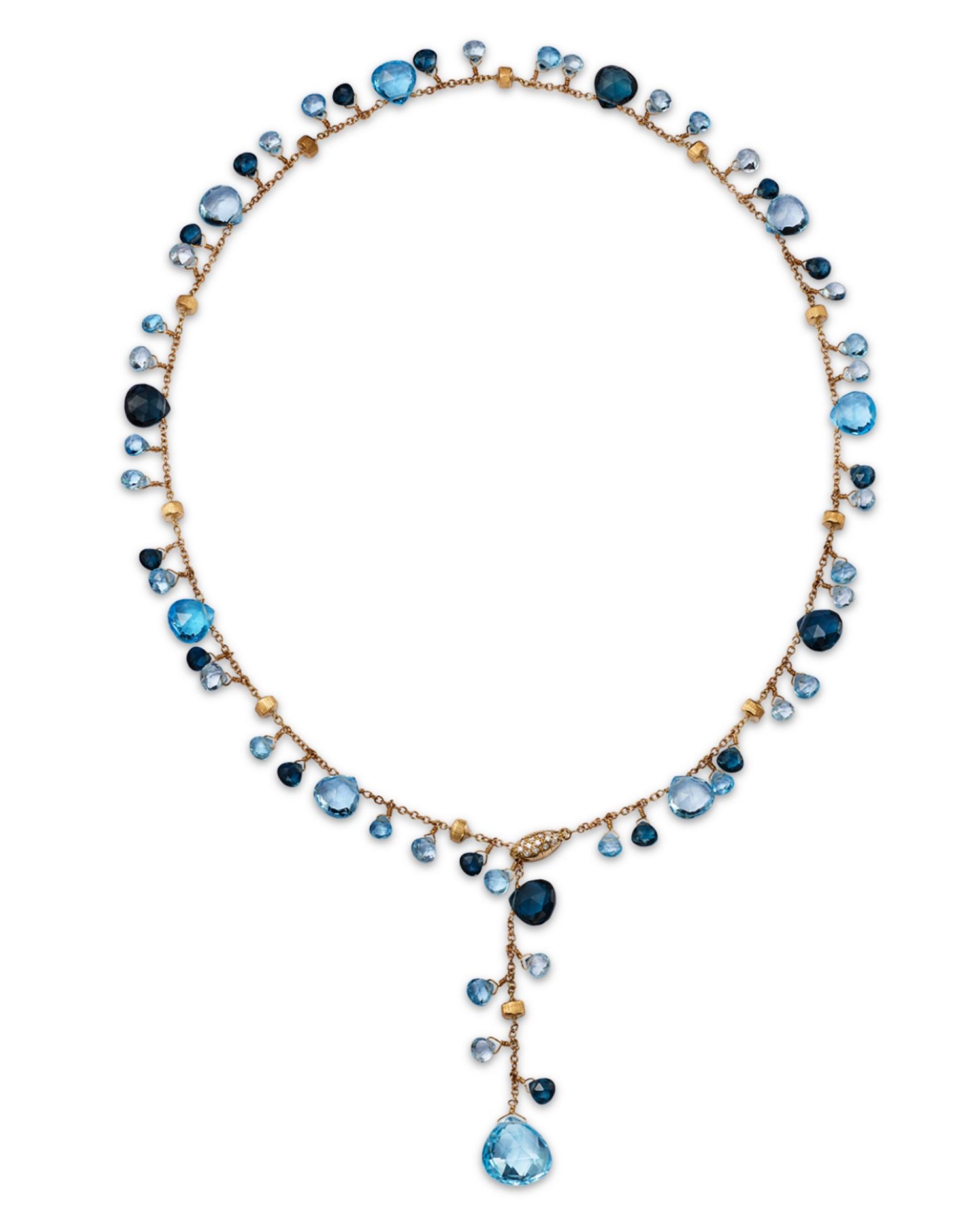 18K Yellow Gold Paradise Topaz Swiss Blue Topaz, London Blue Topaz & Diamond Lariat Necklace, 17.25"