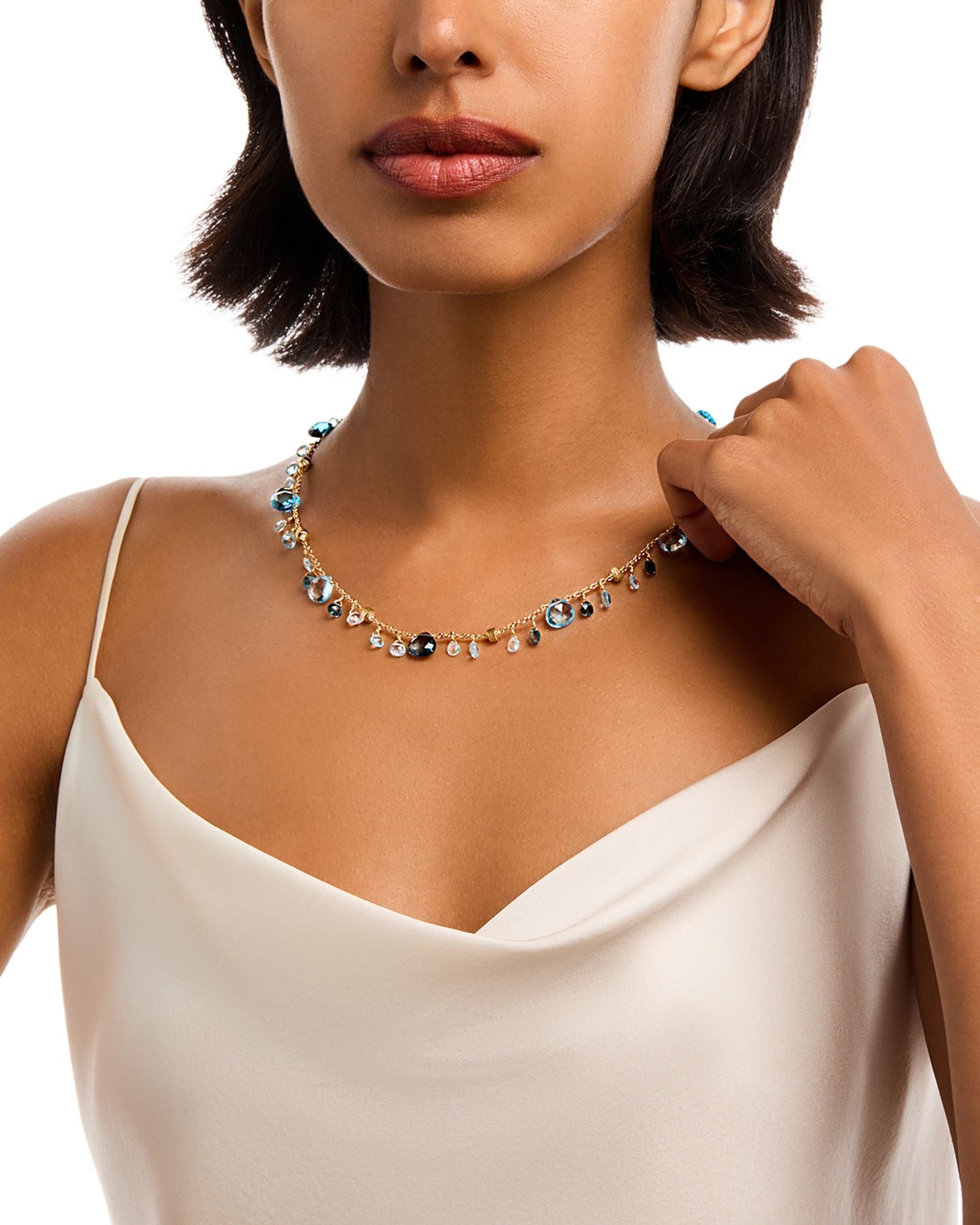 18K Yellow Gold Paradise Topaz Swiss Blue Topaz, London Blue Topaz & Diamond Lariat Necklace, 17.25"